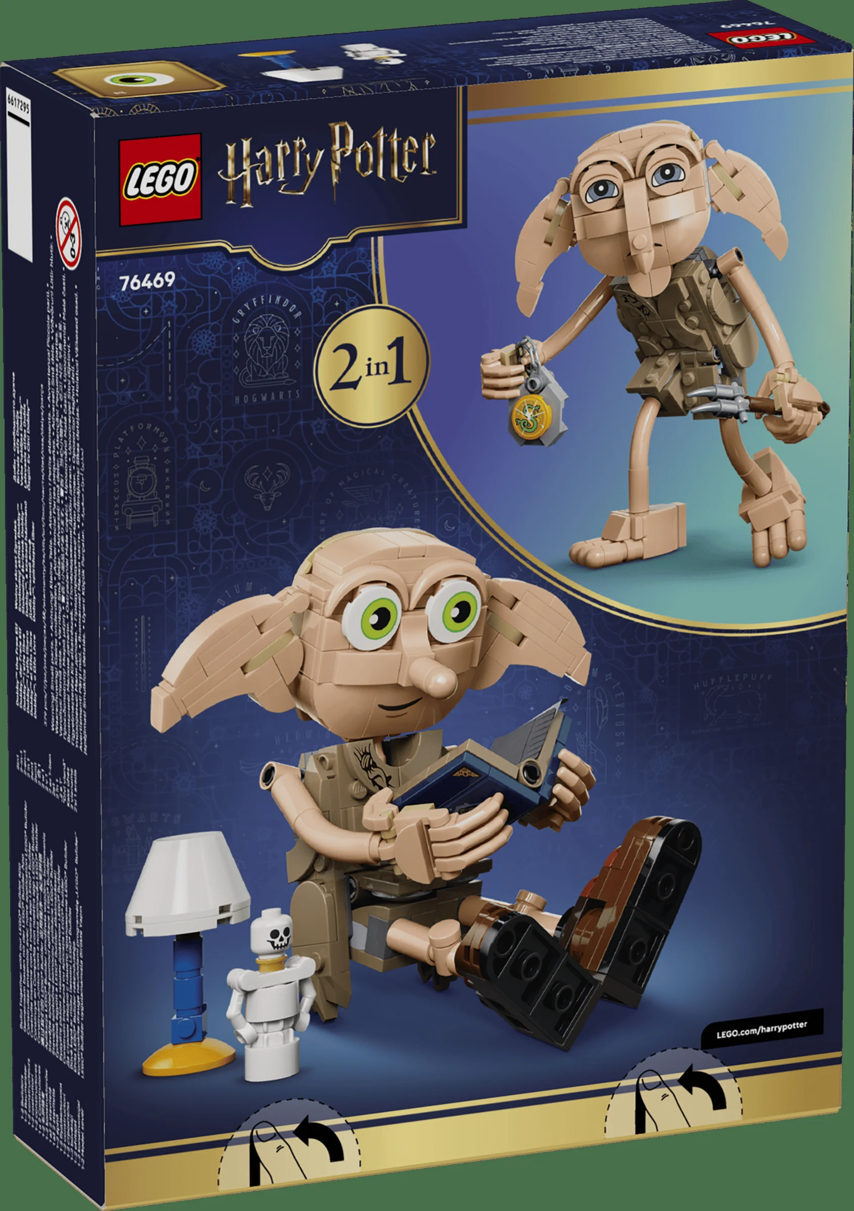 Cutia LEGO cu Dobby, spiridușul casei, cu un aspect detaliat din cărămizi LEGO.