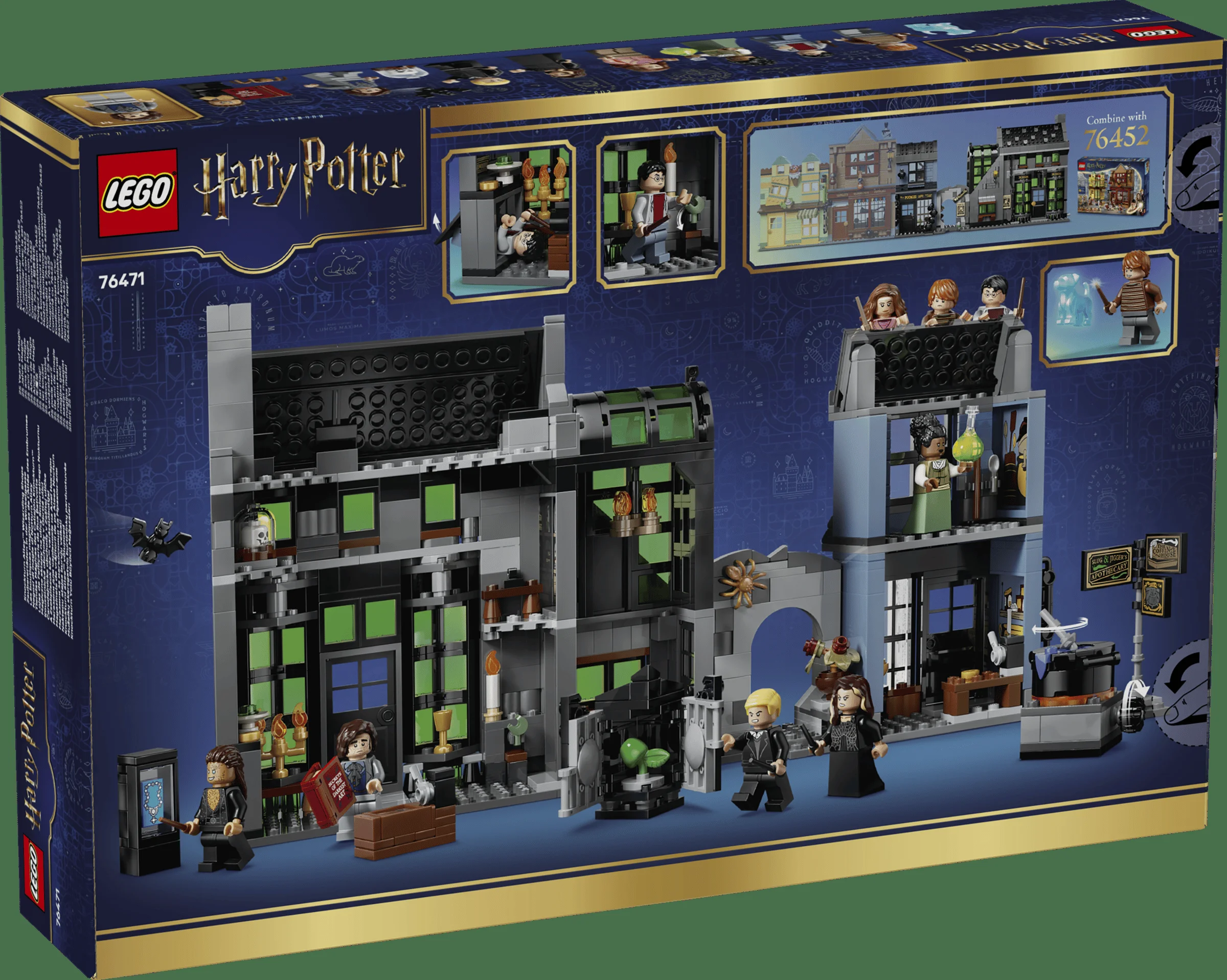 Imagine cu cutia setului LEGO Harry Potter 76471, cu detalii despre model și minifigurine. O experiență magică!
