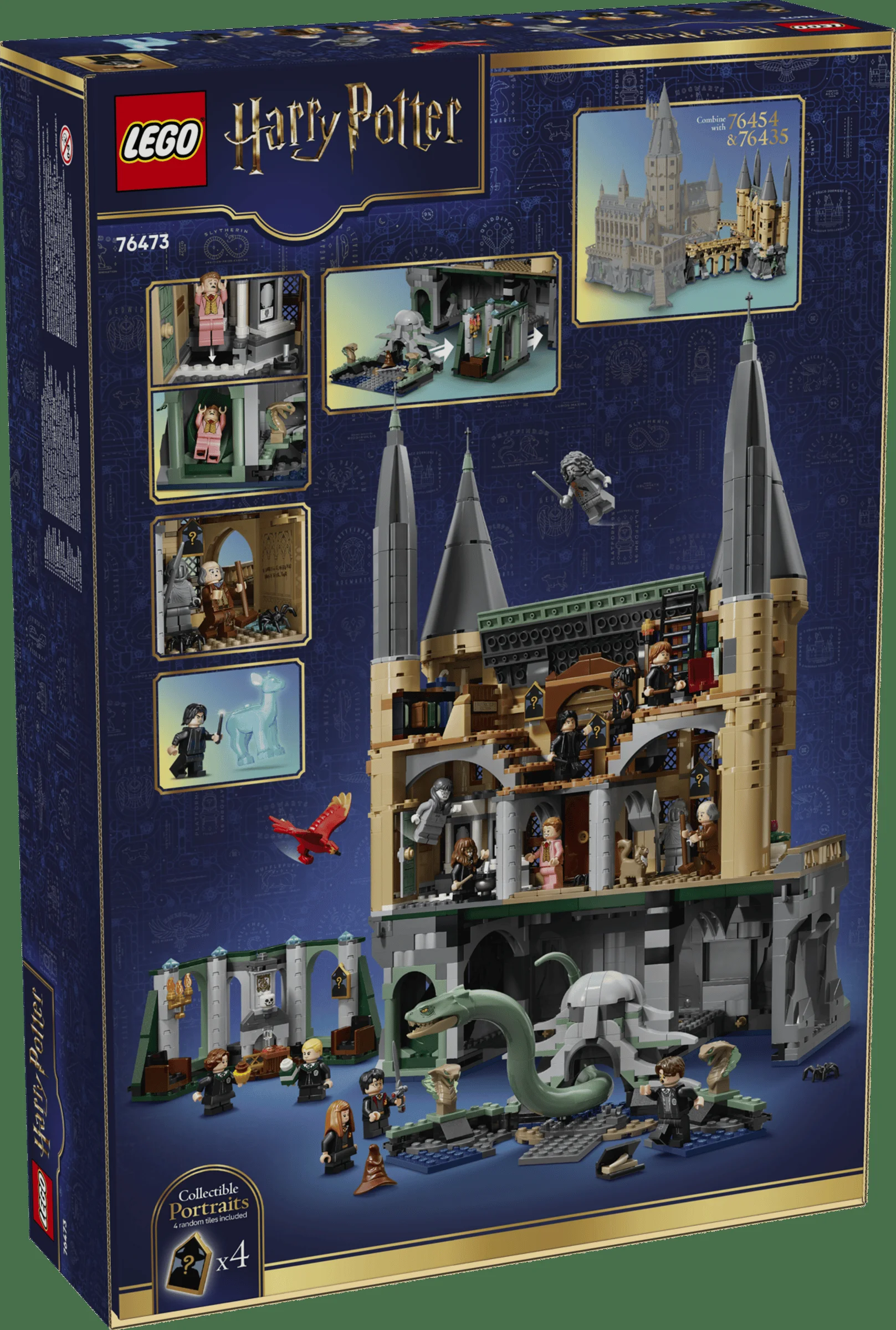Imagine cu cutia setului LEGO 76473 Hogwarts Castle: East Wing, detaliind scene și minifigurine.
