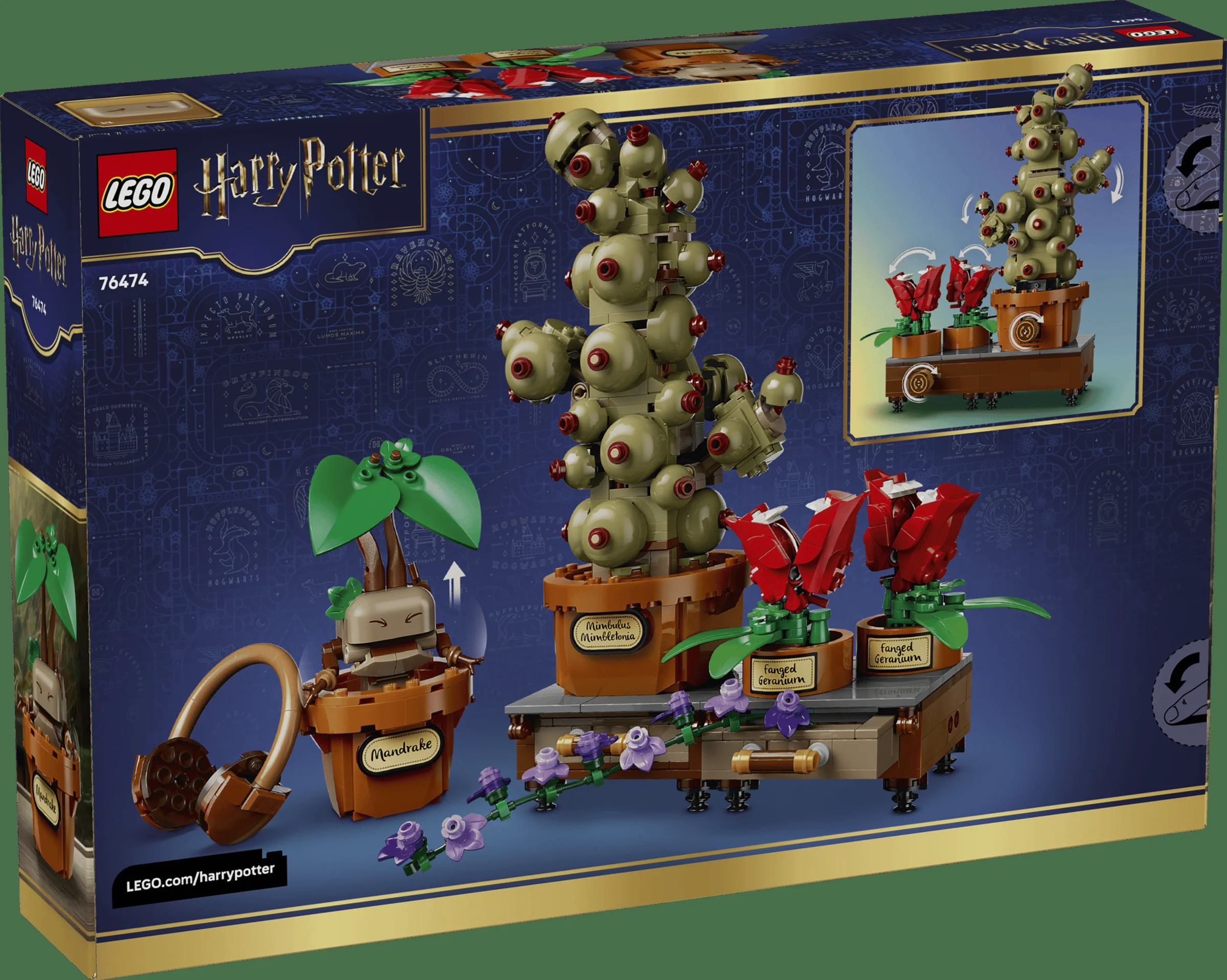 Cutia LEGO Harry Potter 76474 cu Mandragora, Mimbulus Mimbletonia și Geranium Colțos.