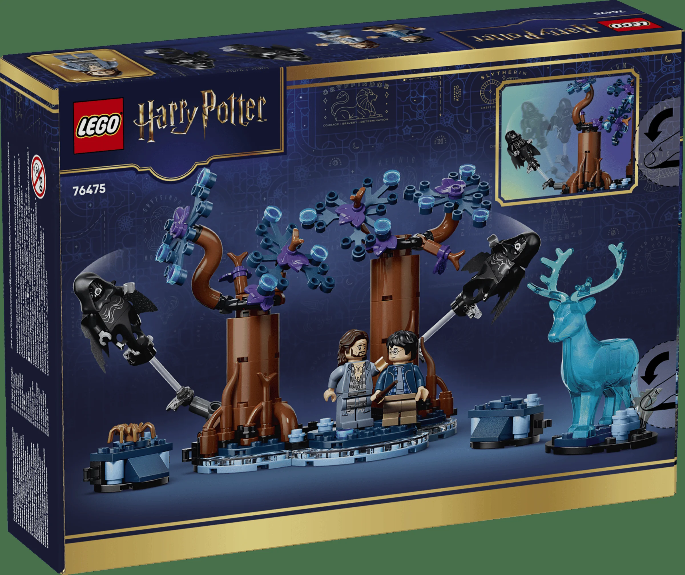 Imagine cu cutia setului LEGO 76475, Pădurea Interzisă: Expecto Patronum, cu minifigurine și detalii.