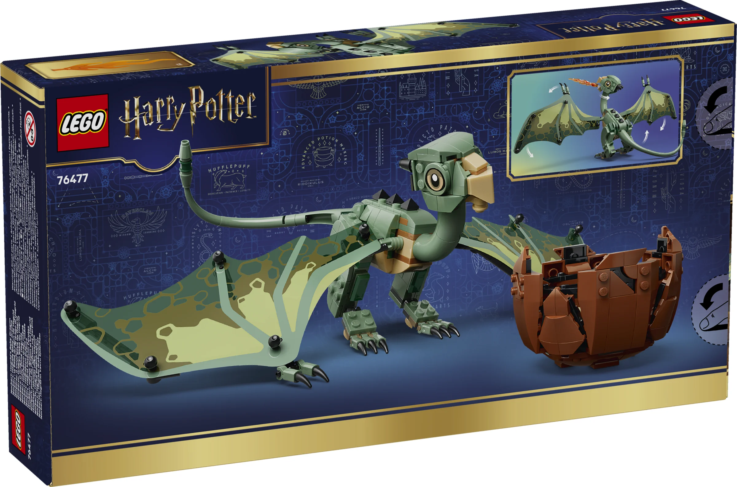 Imagine cu cutia setului LEGO 76477, Norbert: Puiul de Dragon al lui Hagrid. Dragonul și oul său sunt vizibile.