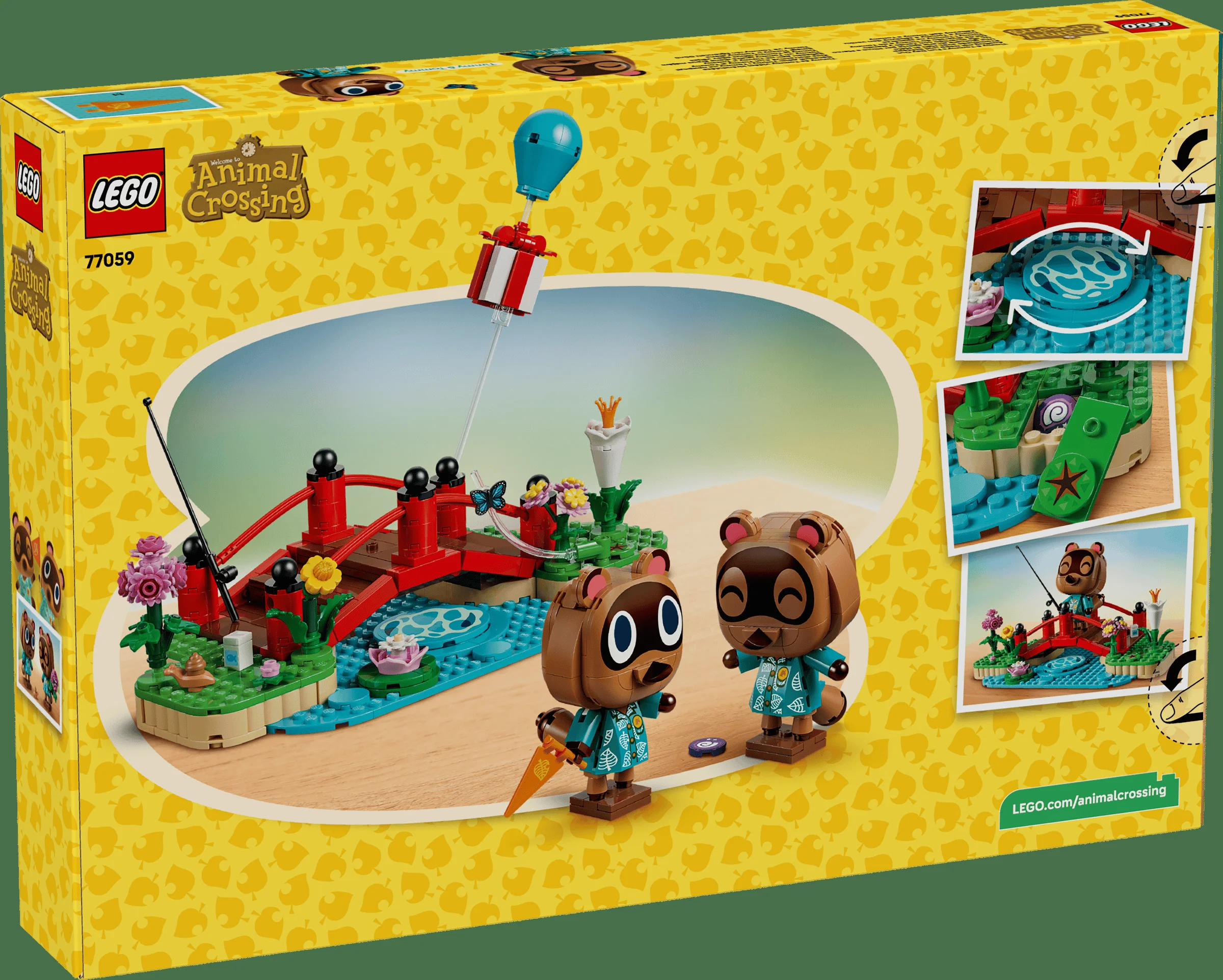 Imaginea cutiei setului LEGO Animal Crossing 77059, cu scena insulei și figurinele Timmy și Tommy.