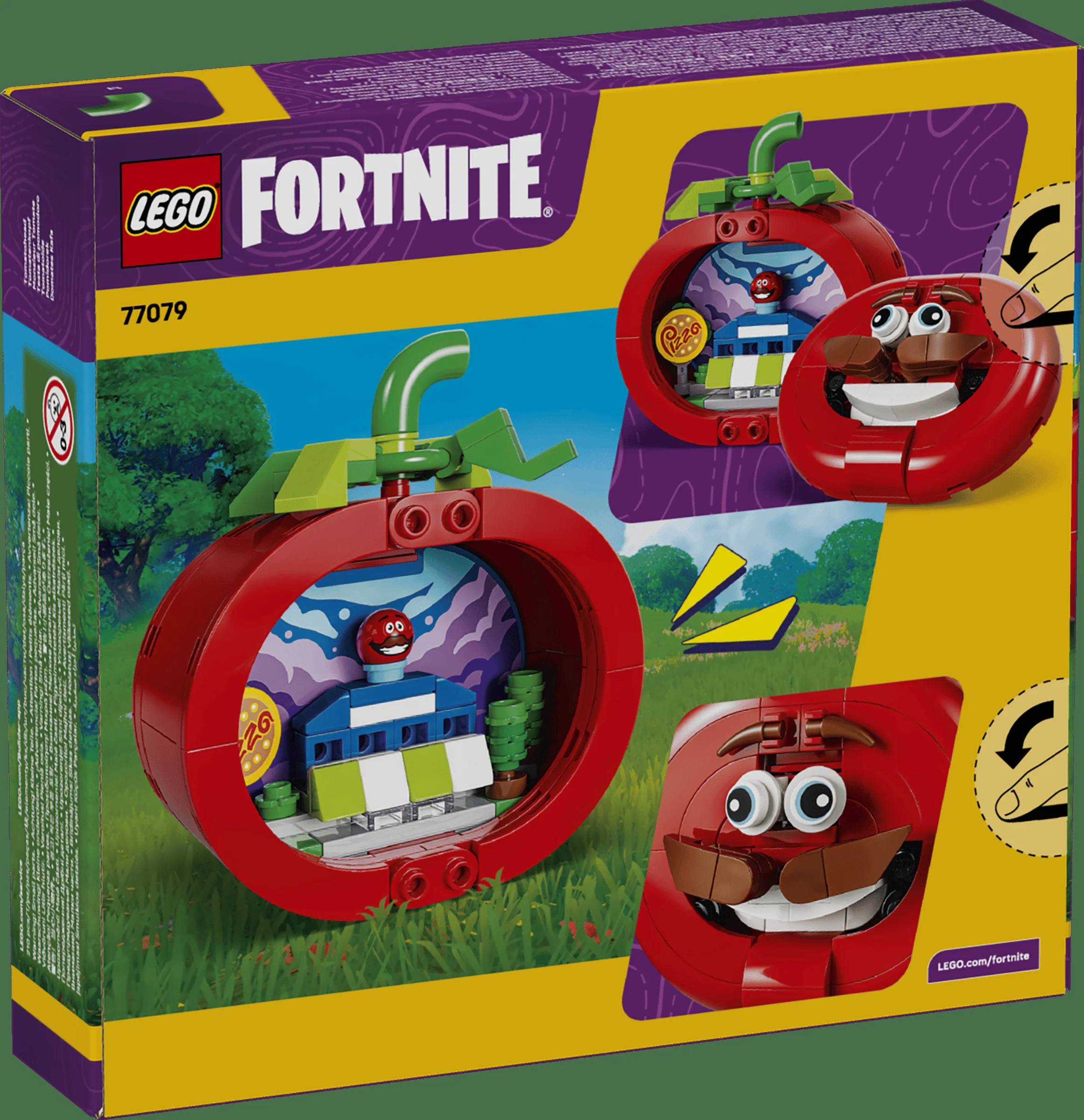 Cutia setului LEGO Fortnite 77079 Tomatohead. Vedere cu modelul, minifigurina și funcția de rotire.