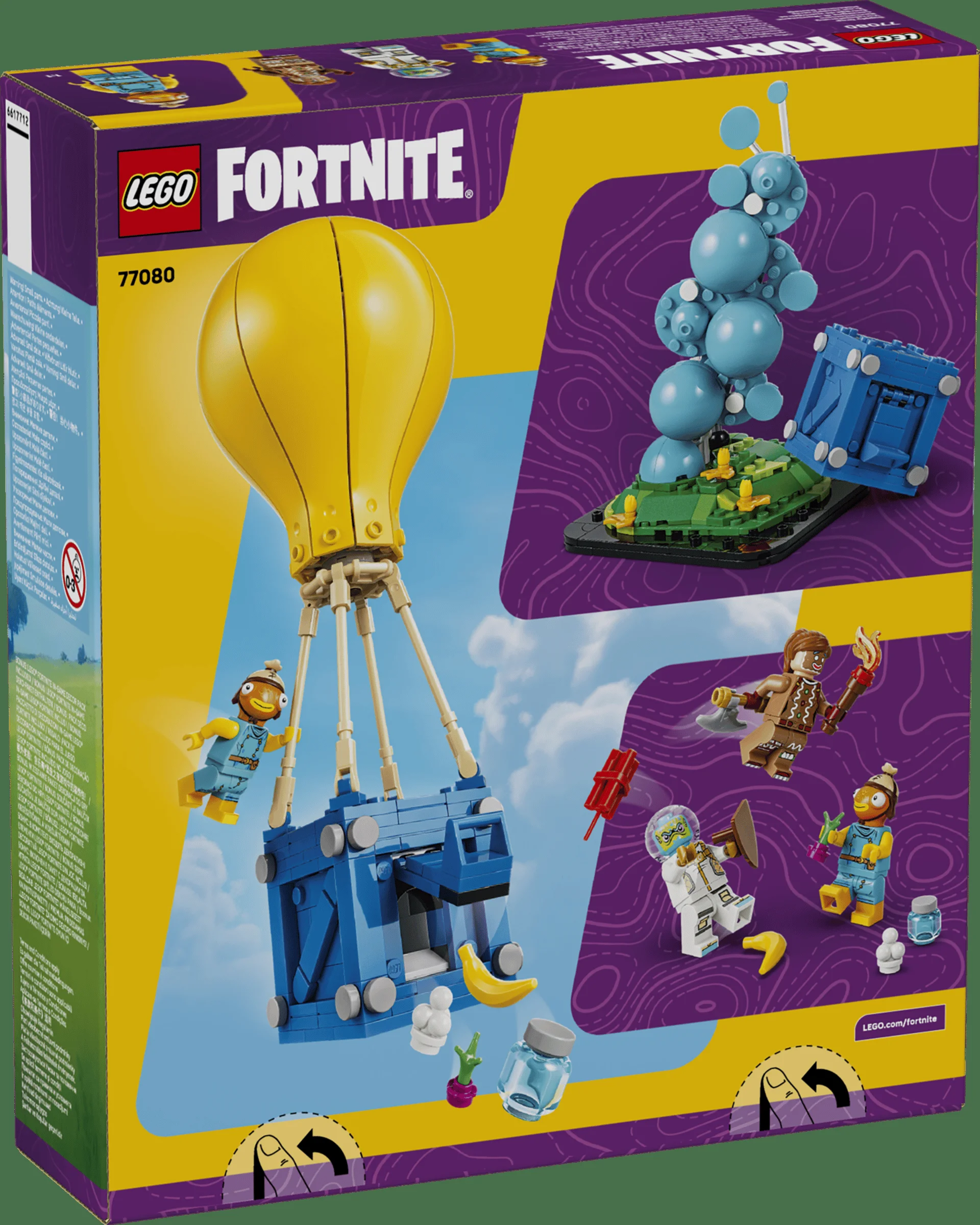 Cutia setului LEGO Fortnite 77080, cu modelul finalizat și minifigurinele.