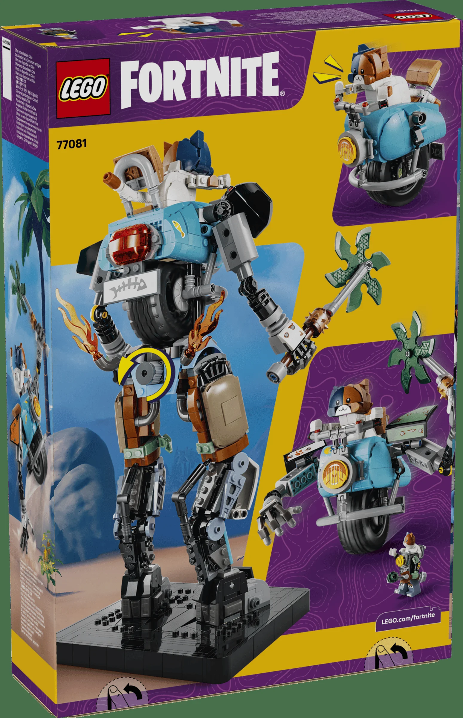 Cutia LEGO 77081 prezintă modelul robot și vehiculul pe o scenă cu fundal Fortnite. Imagine detaliată.
