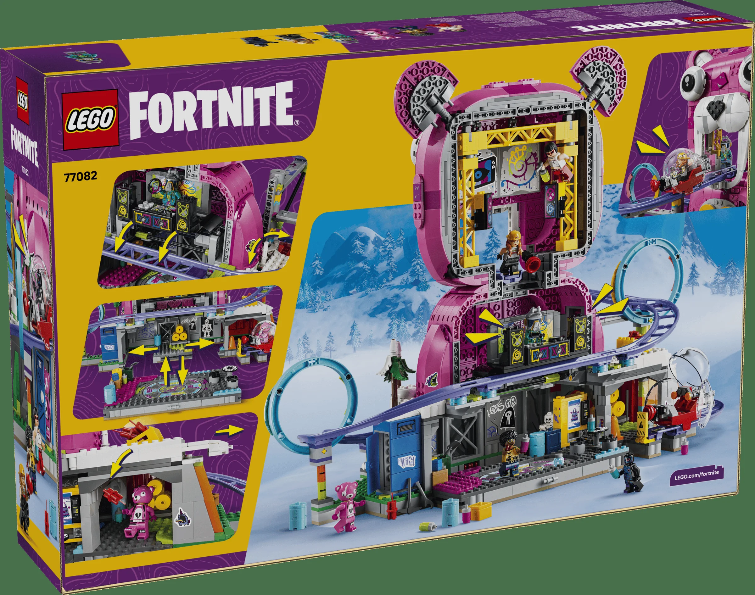 Imagine cu cutia setului LEGO Fortnite 77082, Rave Cave. Design colorat și detalii ale modelului.