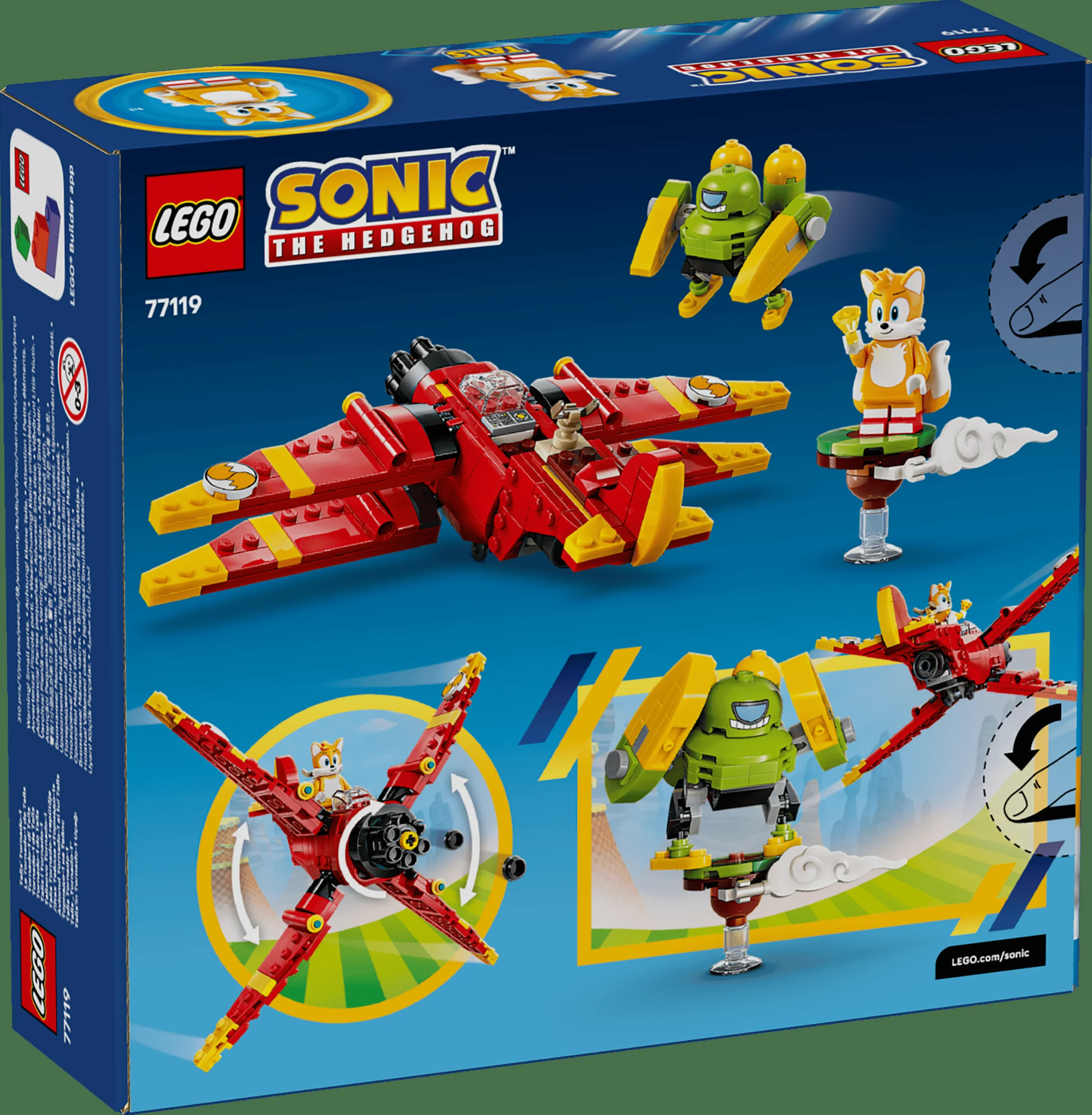 Imagine cu cutia setului LEGO 77119 Tails' Tornado-1, cu modelul și minifigurinele.