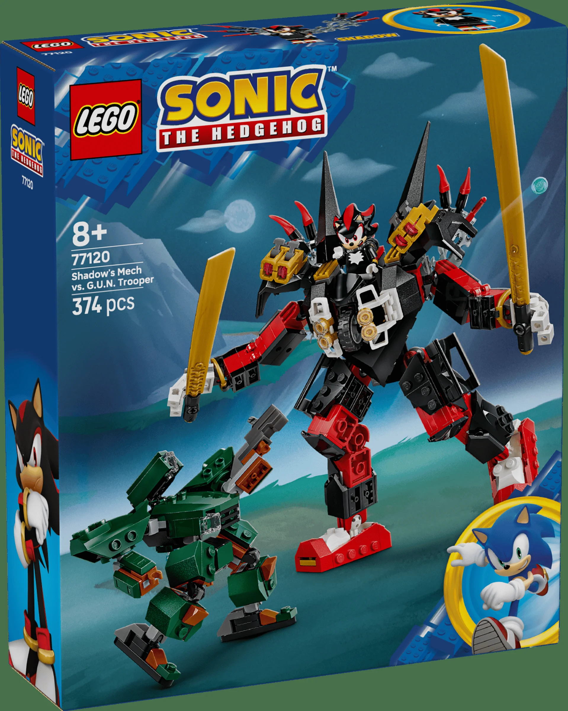 Cutia setului LEGO Sonic 77120: Shadow's Mech vs. G.U.N. Trooper. Include mech-uri și minifigurine.