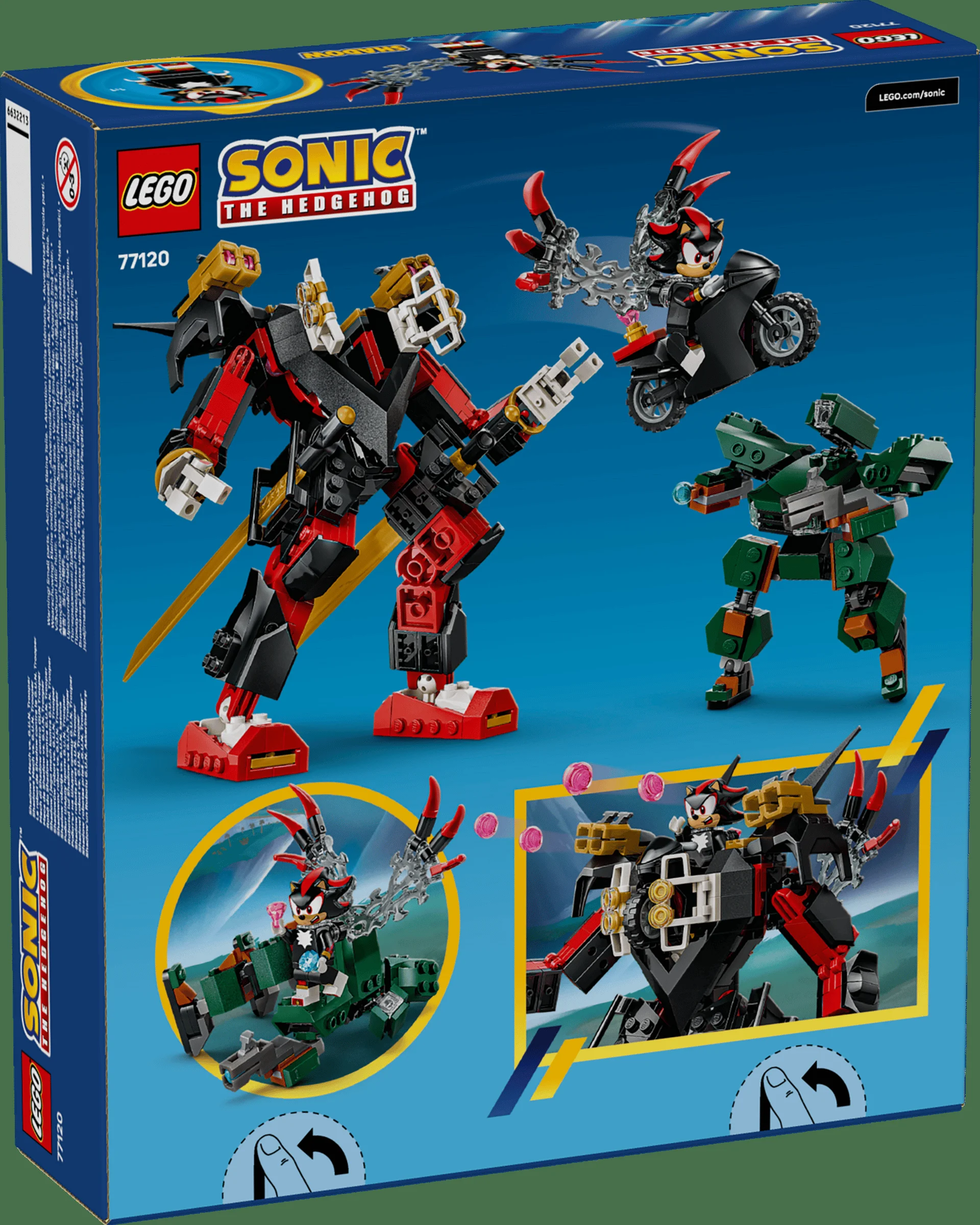 Imagine cu spatele cutiei setului LEGO Sonic 77120, cu meci și elemente de joc.