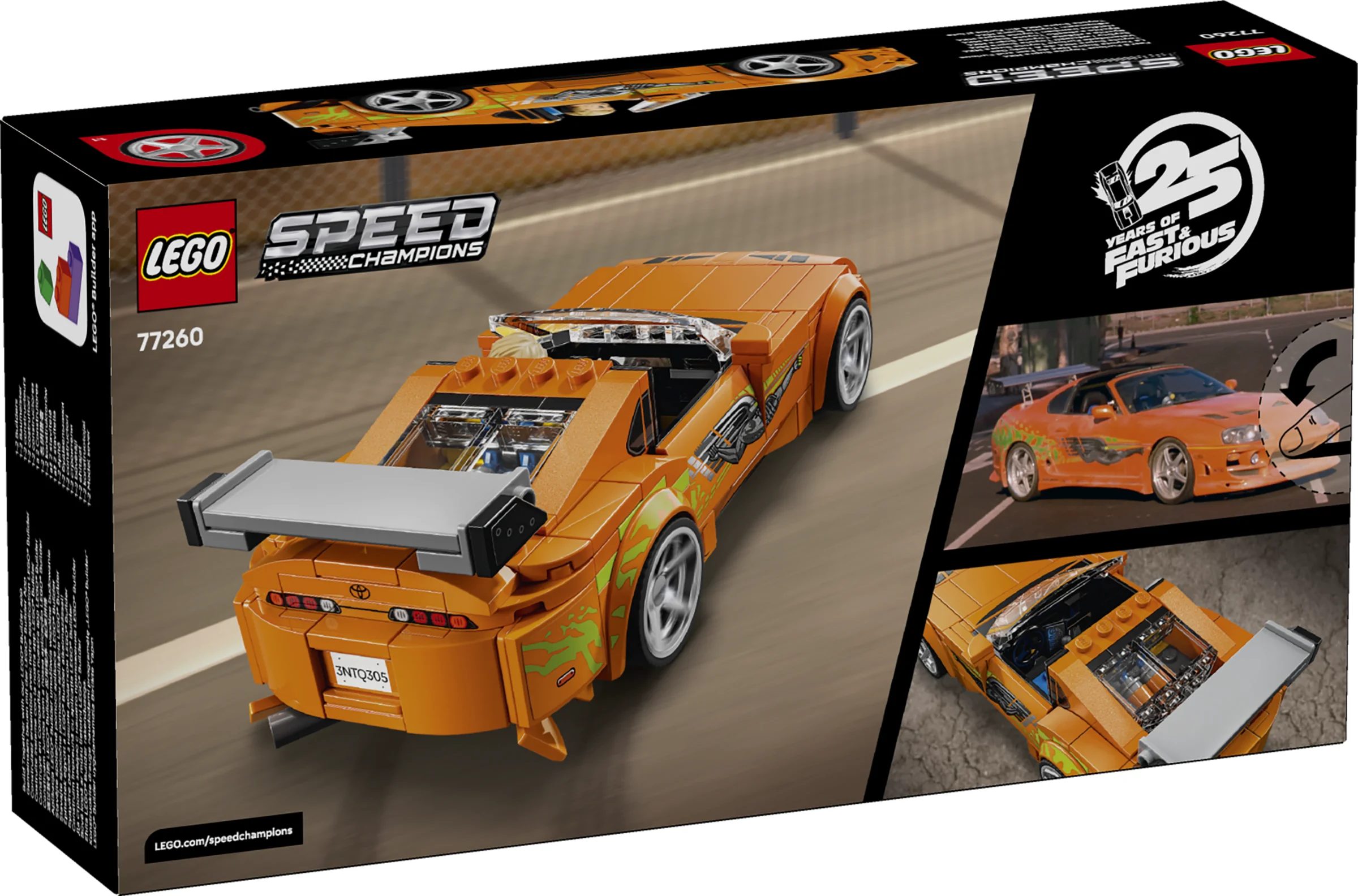 Imagine cu cutia setului LEGO 77260 Toyota Supra MK4, Fast & Furious, din spate, detaliind modelul.