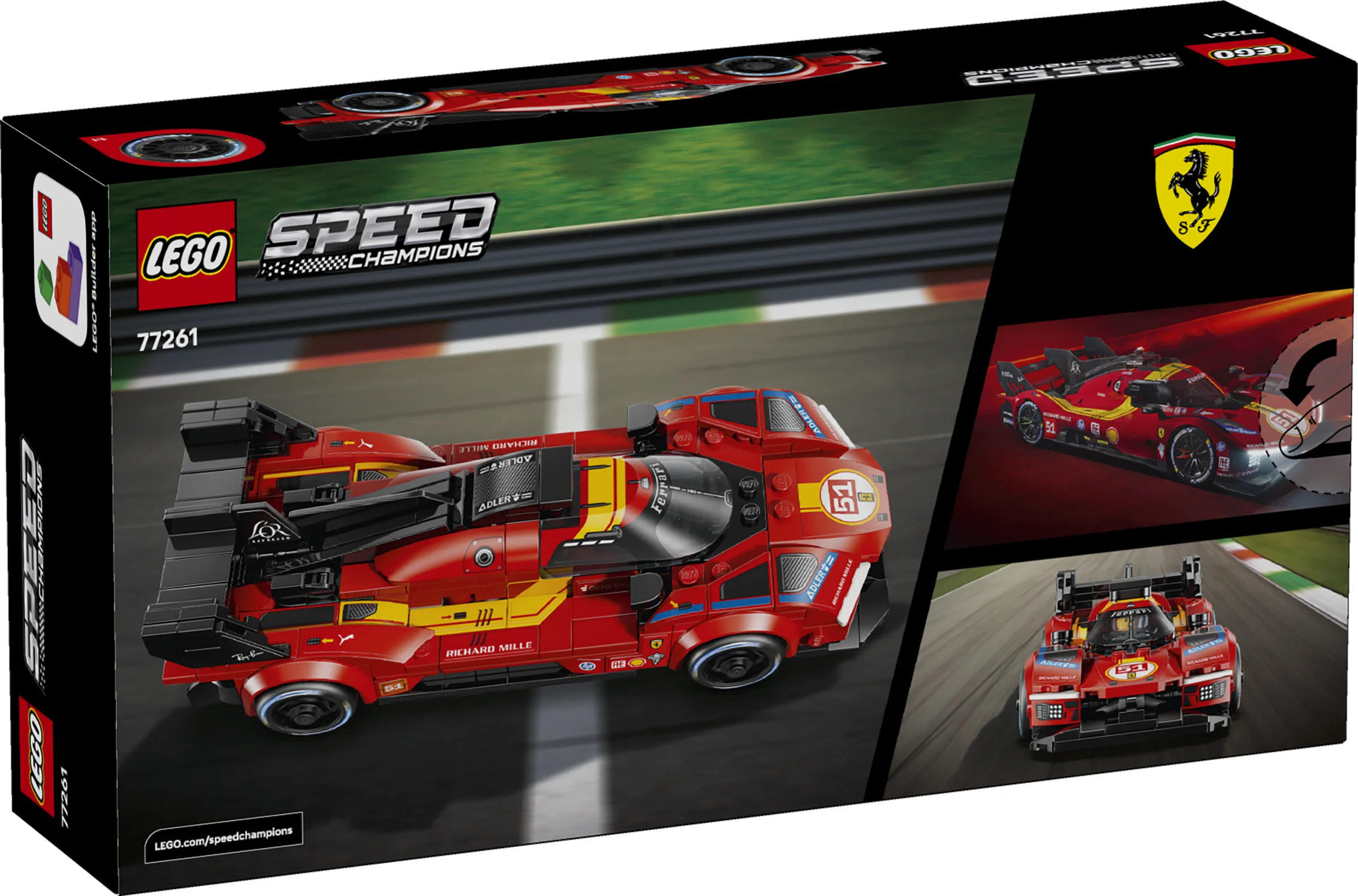 Cutia LEGO 77261 Ferrari 499P, cu imagini ale modelului și logo-uri Ferrari și Speed Champions.