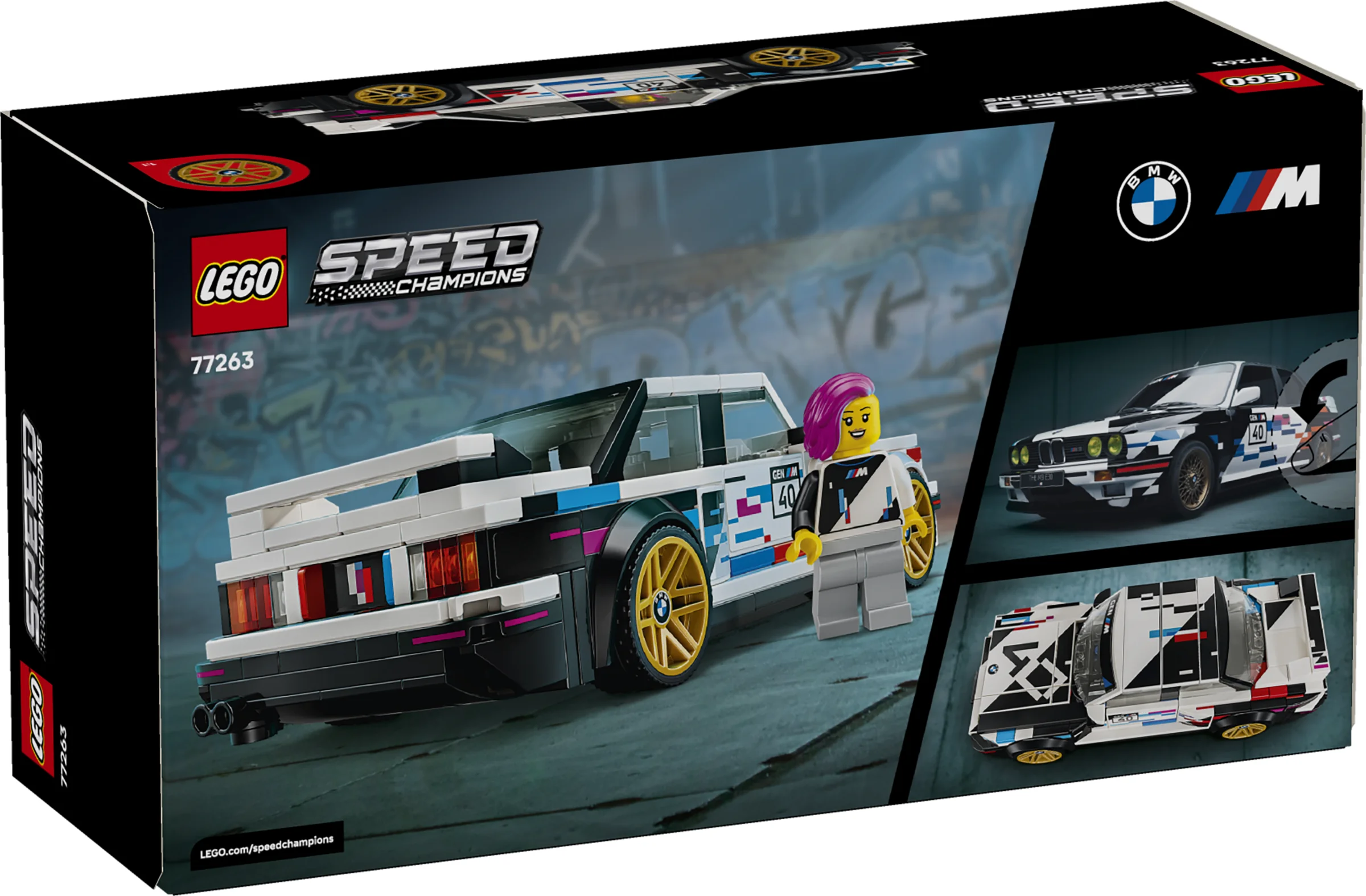 Cutia setului LEGO 77263 BMW M3 (E30), cu mașina construită, o minifigurină și alte imagini ale modelului.