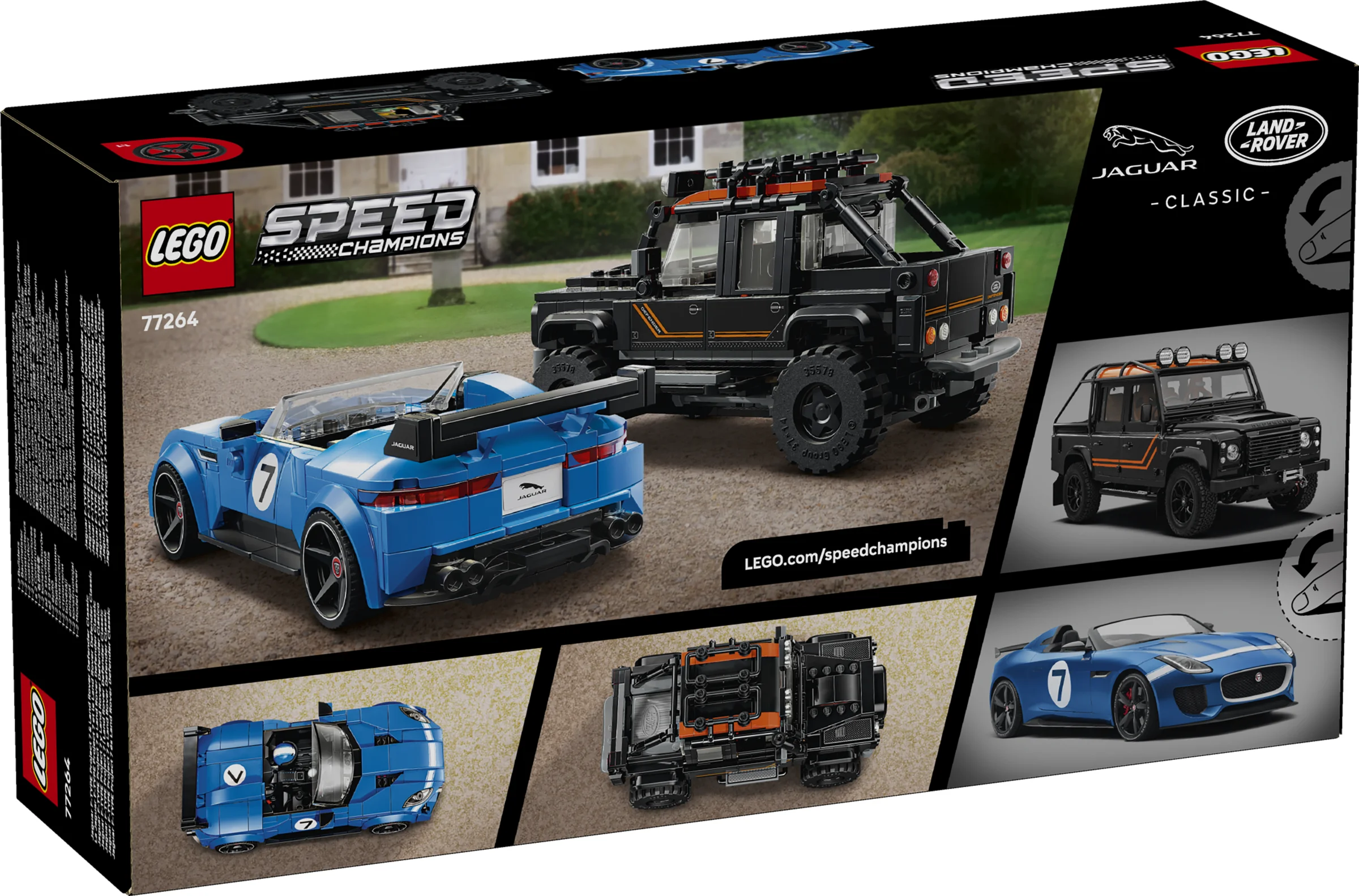 Cutia LEGO Speed Champions 77264 prezintă Jaguar F-TYPE Project 7 și Land Rover Defender Classic.
