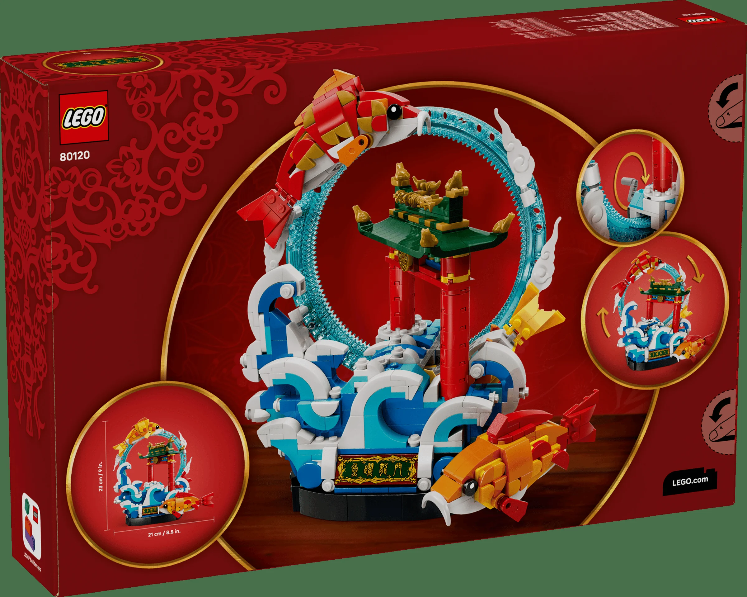 Cutia LEGO 80120, cu modelul finalizat: carpi prosperi sărind, valuri, un templu chinezesc mic.