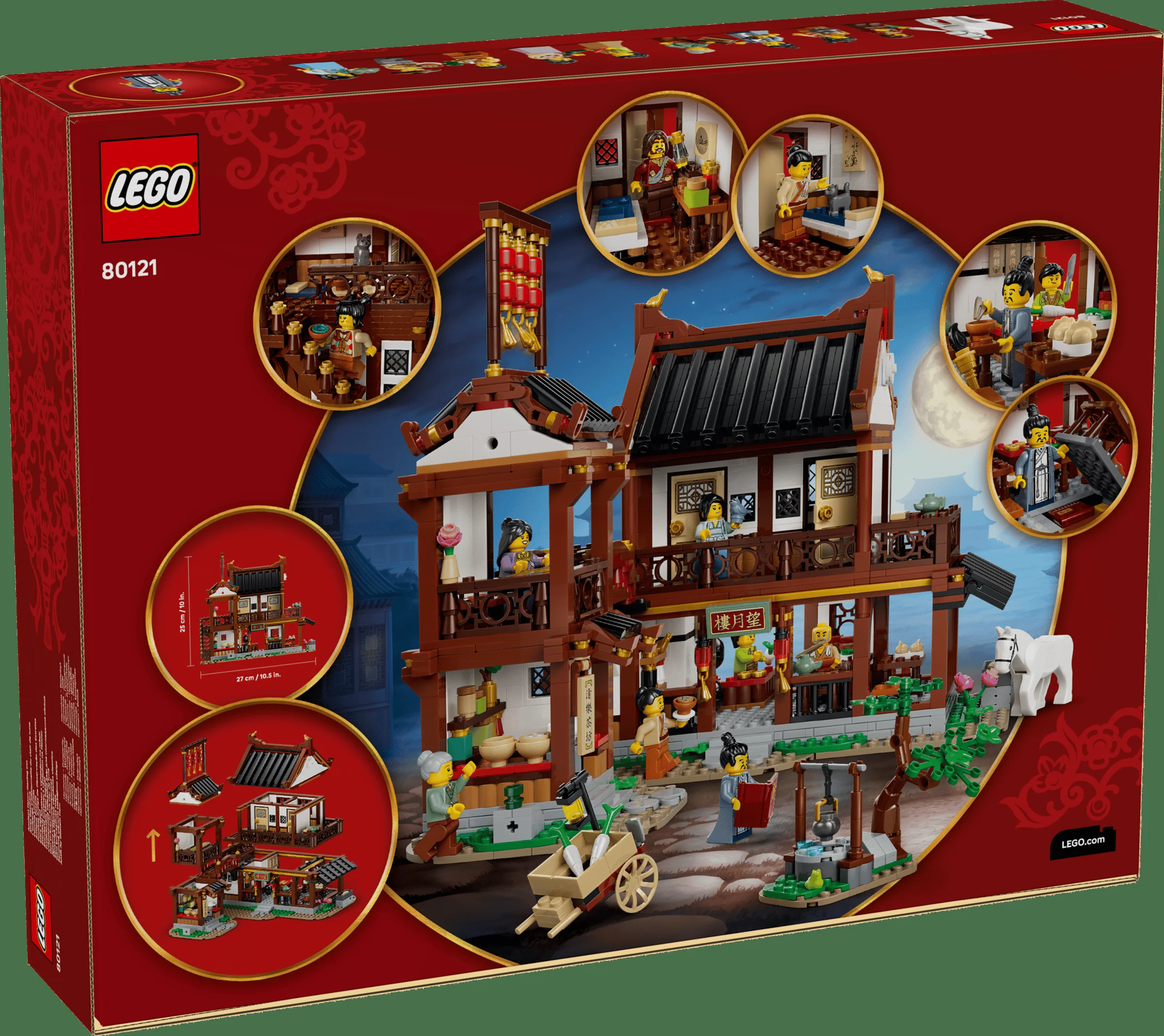 Imagine cu cutia setului LEGO 80121, Hanul Vechi pentru Contemplarea Lunii. Decor festiv, detalii interesante.