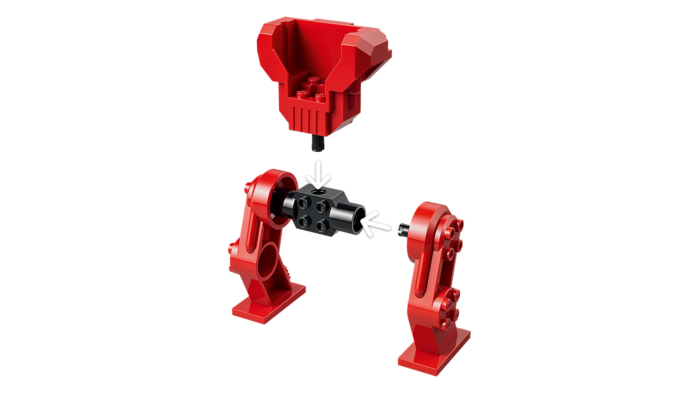 Construcția brațelor și a corpului robotului Ultron din piese LEGO roșii și negre.