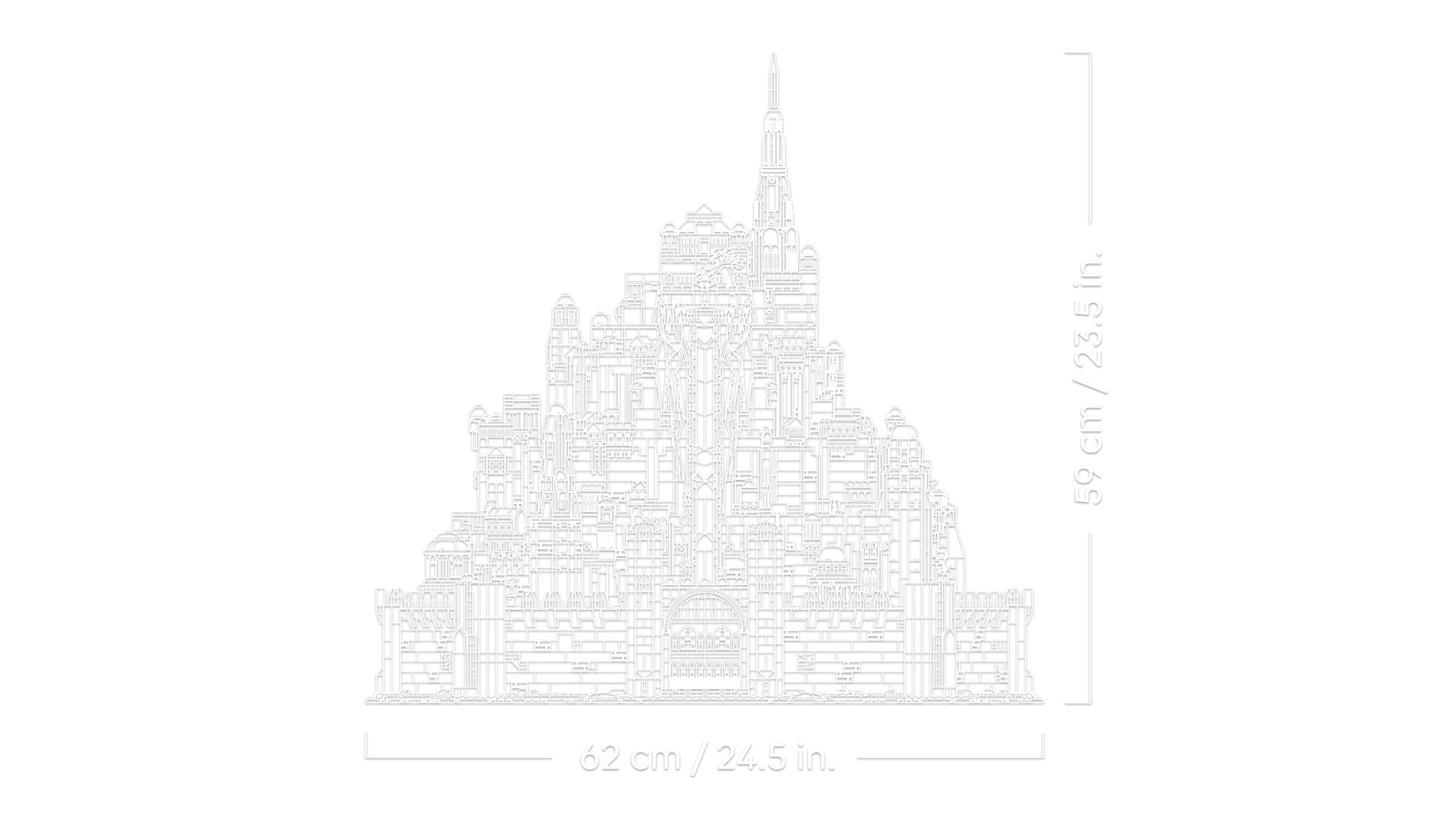 Dimensiunile modelului LEGO Minas Tirith: 62cm x 59cm.