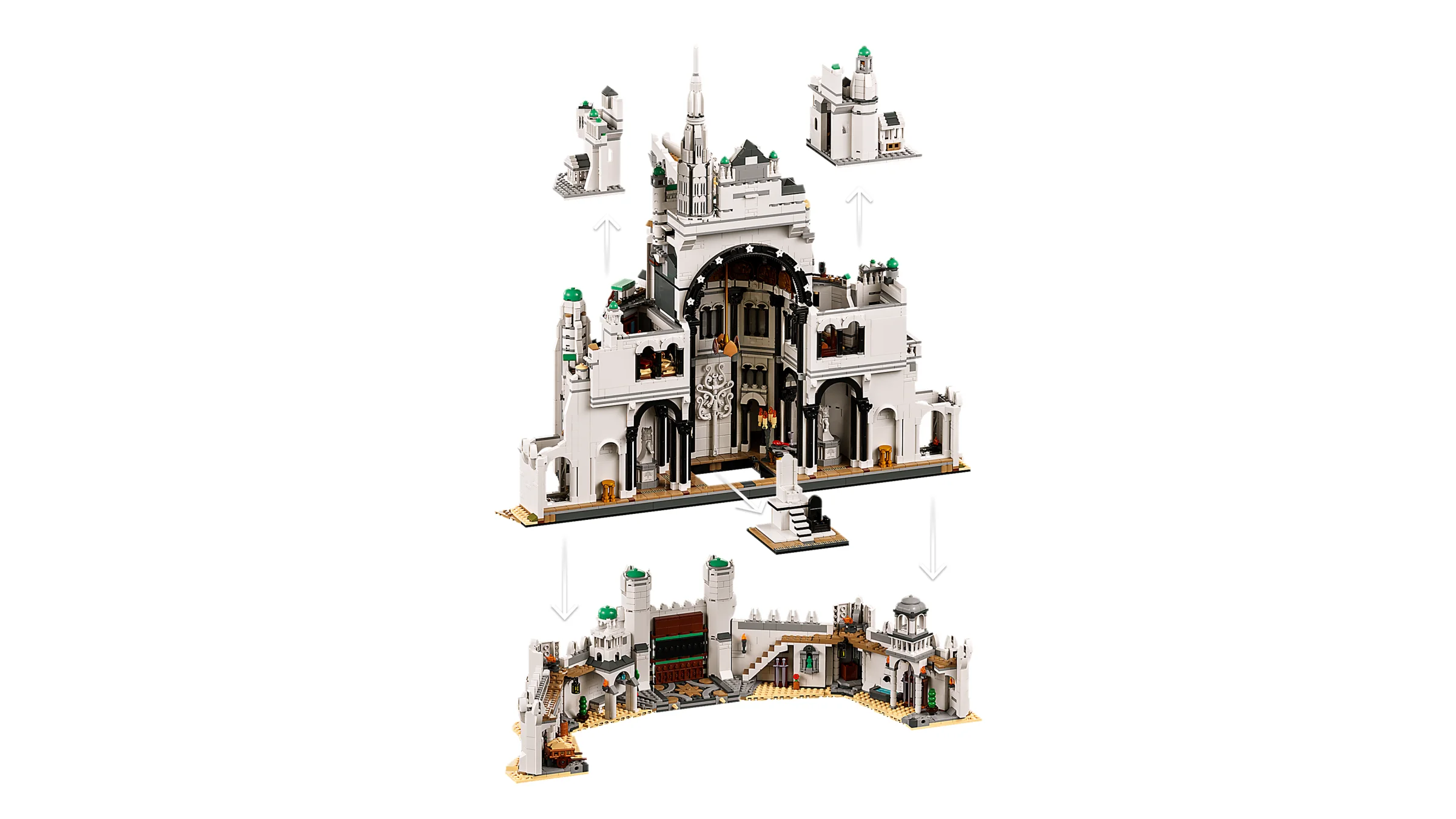 Minas Tirith LEGO, vedere explodată. Vedere detaliată a construcției și a modularității.