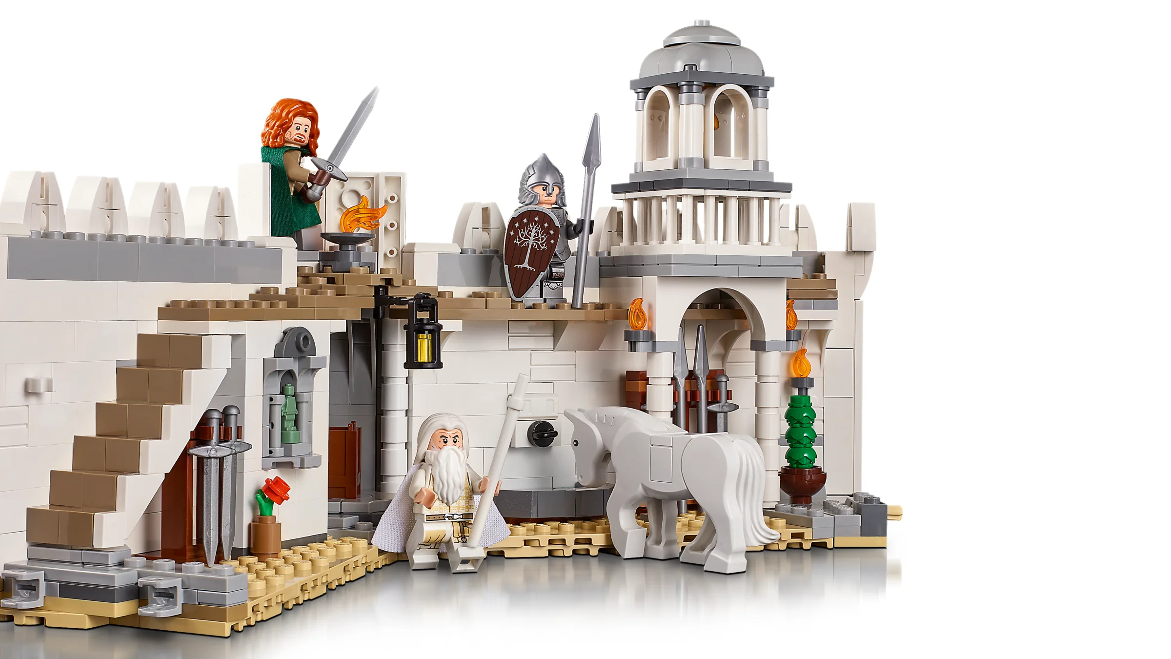 Prim-plan cu detalii ale cetății Minas Tirith, cu minifigurine și elemente arhitecturale.