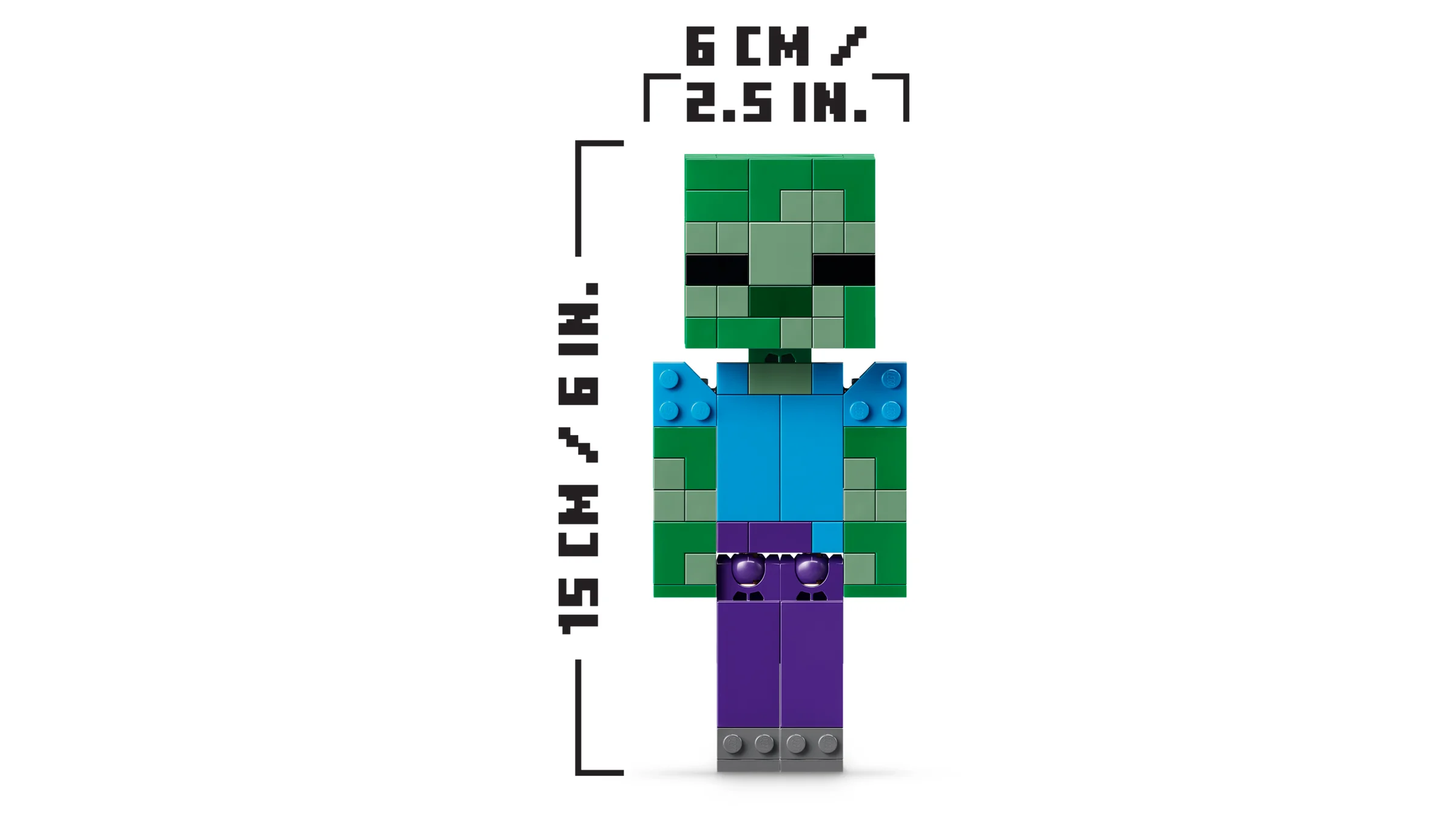 Dimensiunile figurinei Zombie LEGO Minecraft (15 cm înălțime, 6 cm lățime).