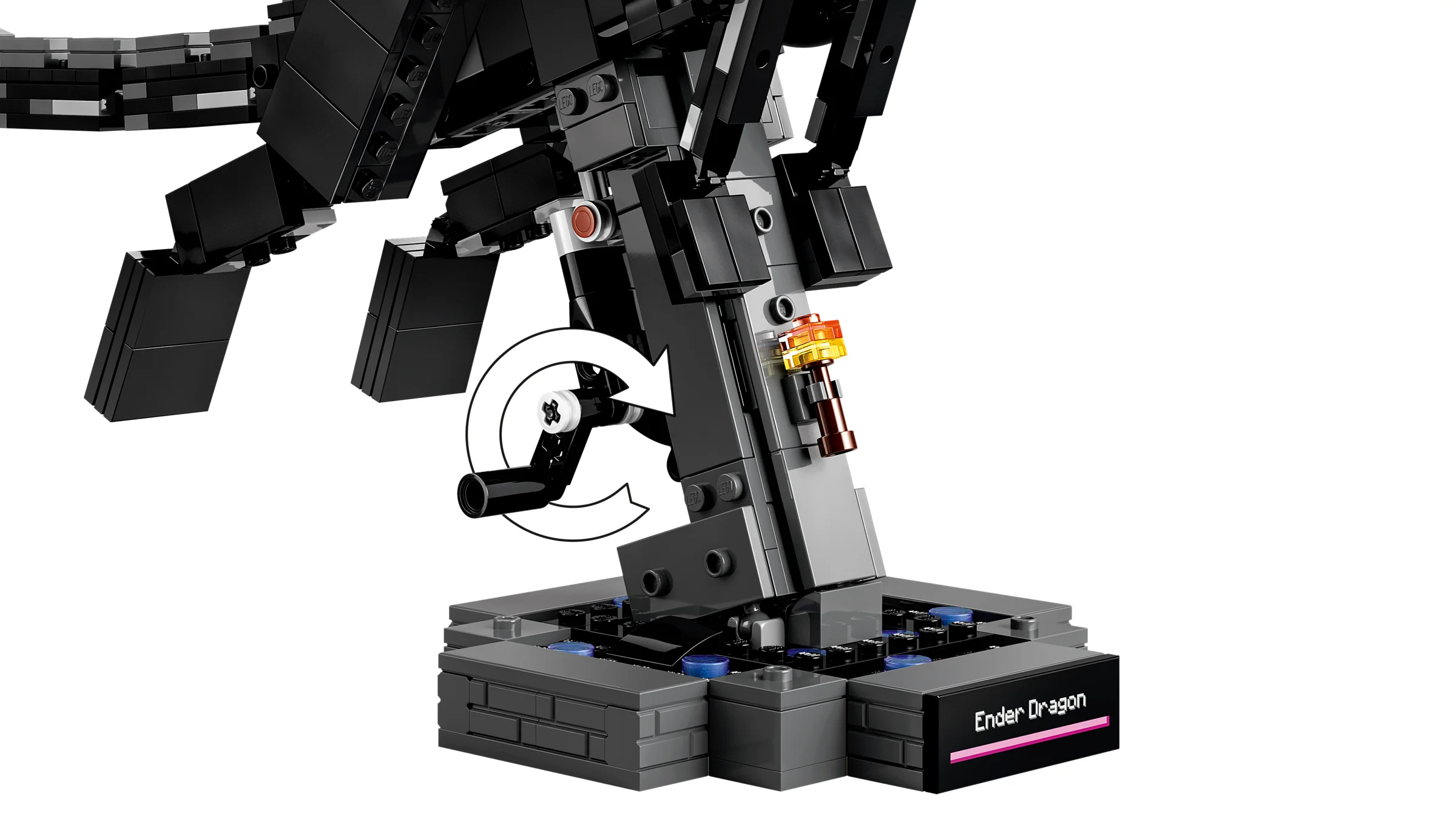 Imagine detaliată cu mecanismul de mișcare al Dragonului Ender LEGO Minecraft.