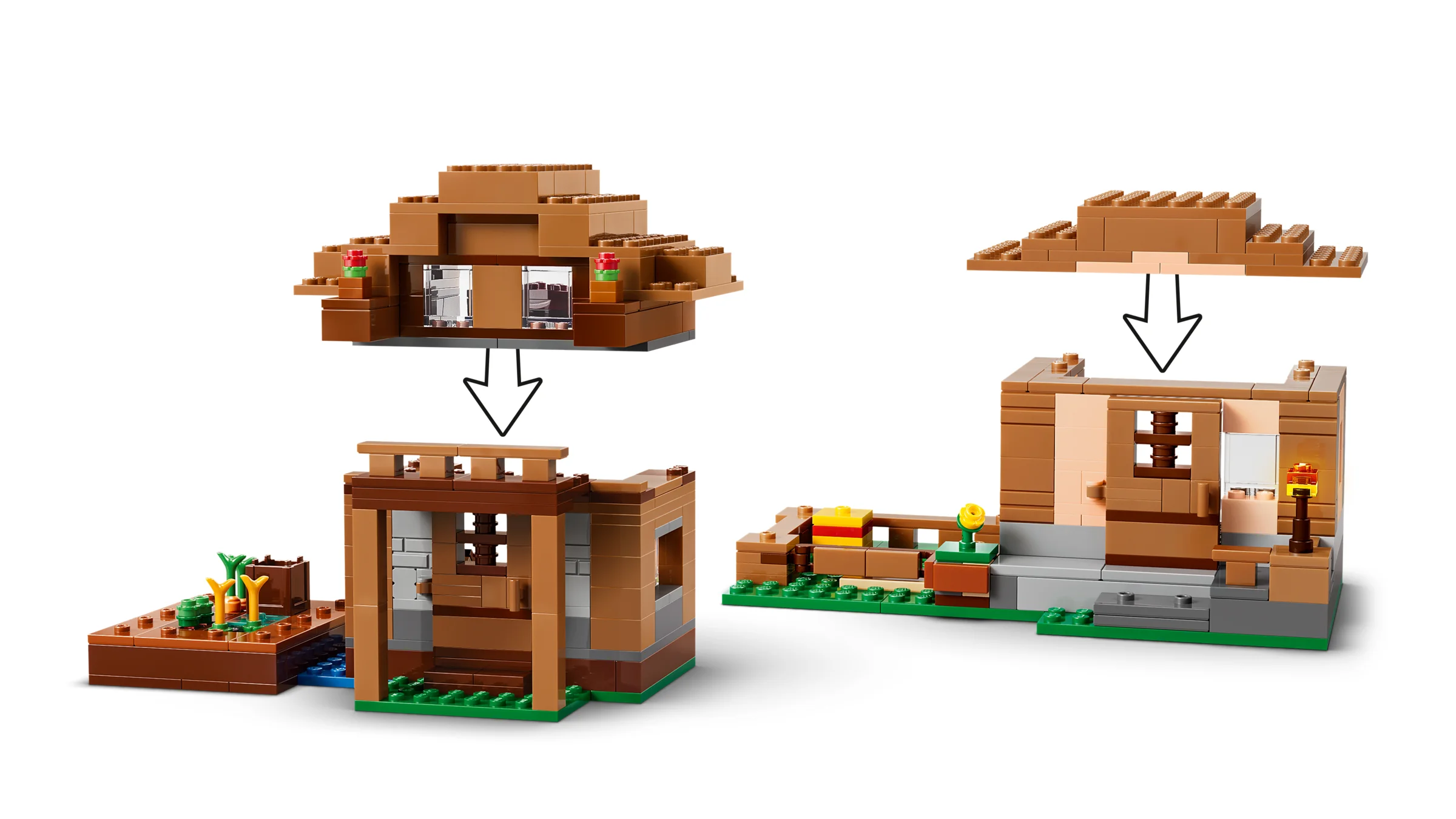 Asamblare modulară a unei case Minecraft. Detalii construibile și funcții interactive.