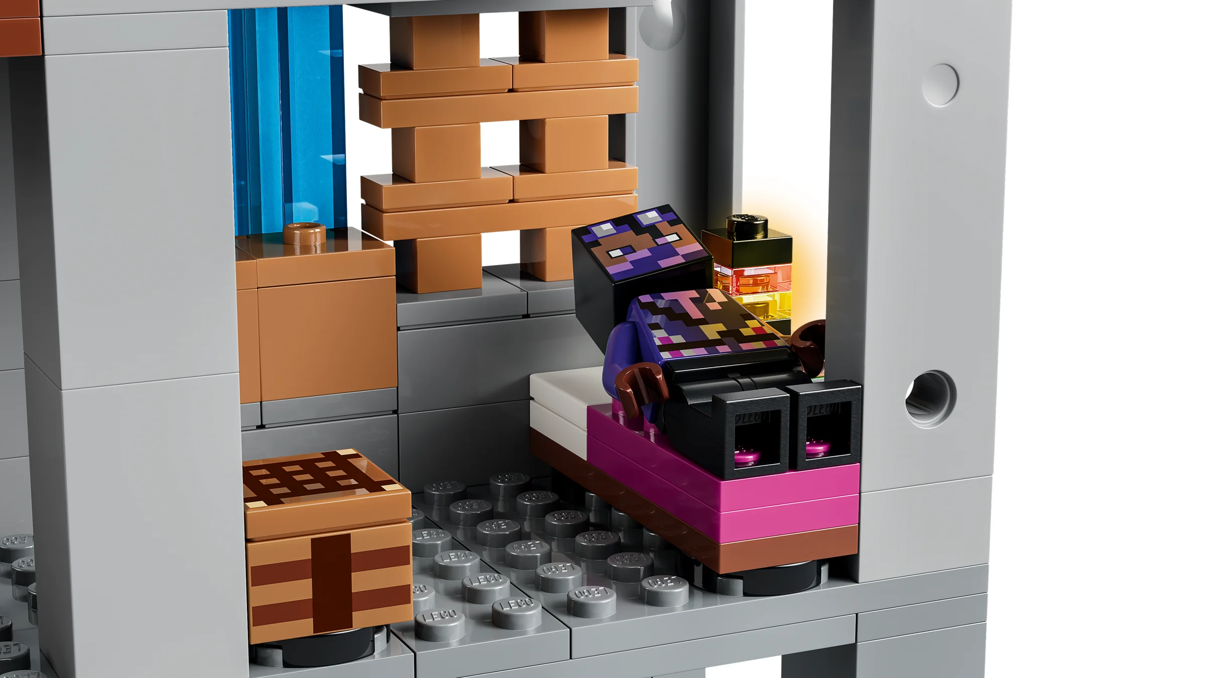 Interior din stația Minecraft Ghast, cu pat, crafting table și detalii construite din LEGO.