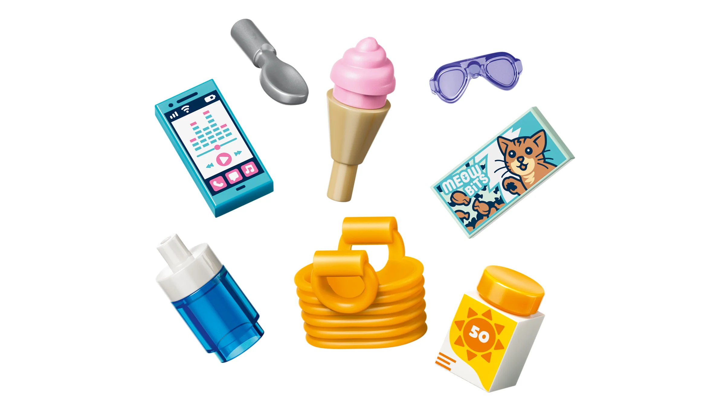 Accesorii colorate LEGO Friends pentru o zi la parcul acvatic: telefon, înghețată, loțiune de protecție solară.
