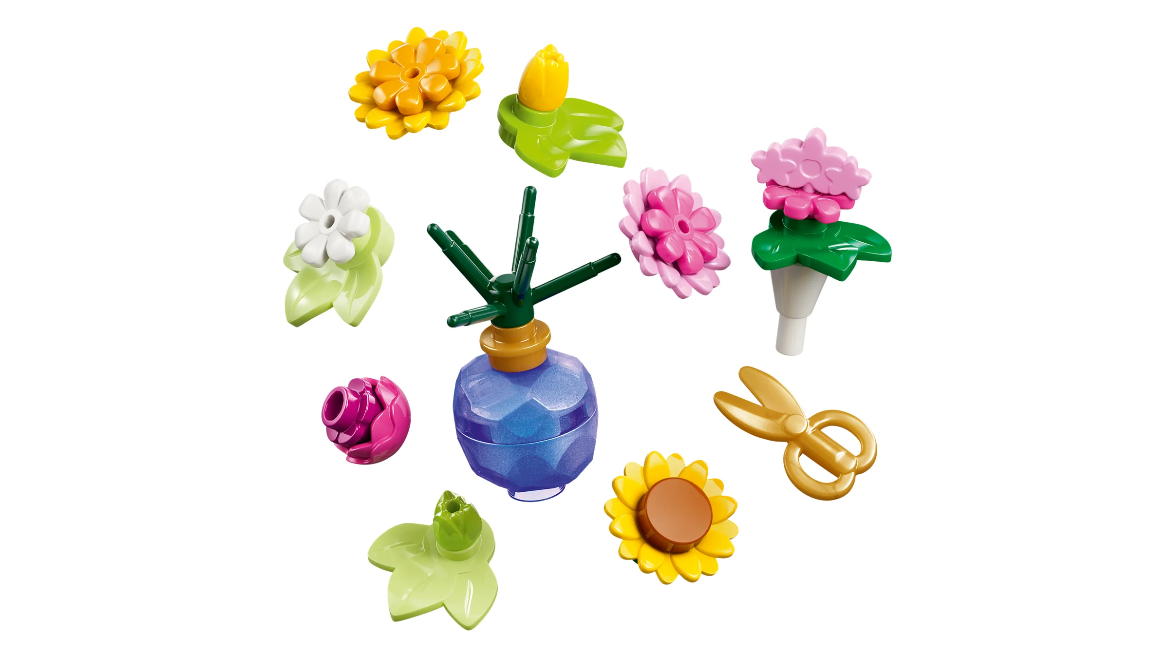 Detalii cu florile și uneltele LEGO din setul 42693, magazinul de flori creativ.