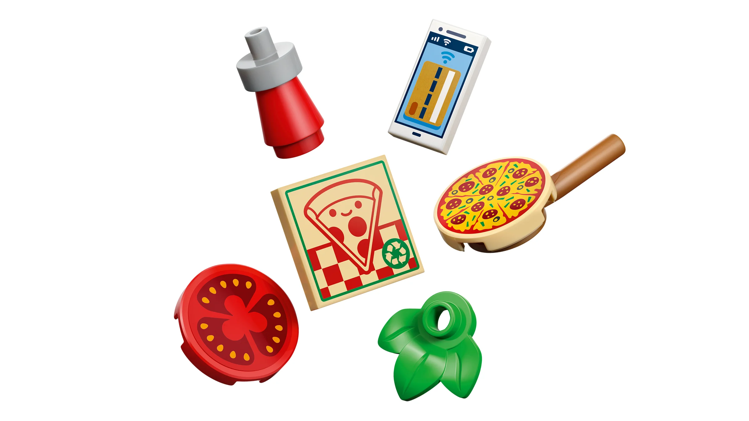 Detalii despre ingrediente și accesorii: pizza, sos, telefon și topping-uri. Elemente esențiale pentru joacă.
