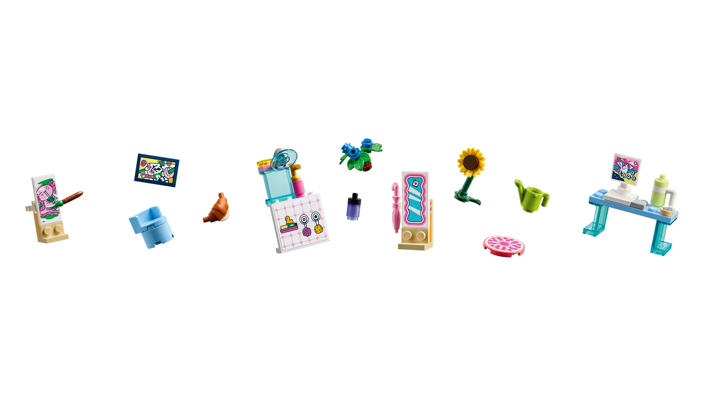 Accesorii diverse pentru casa de păpuși LEGO Friends, aranjate pe fundal alb.