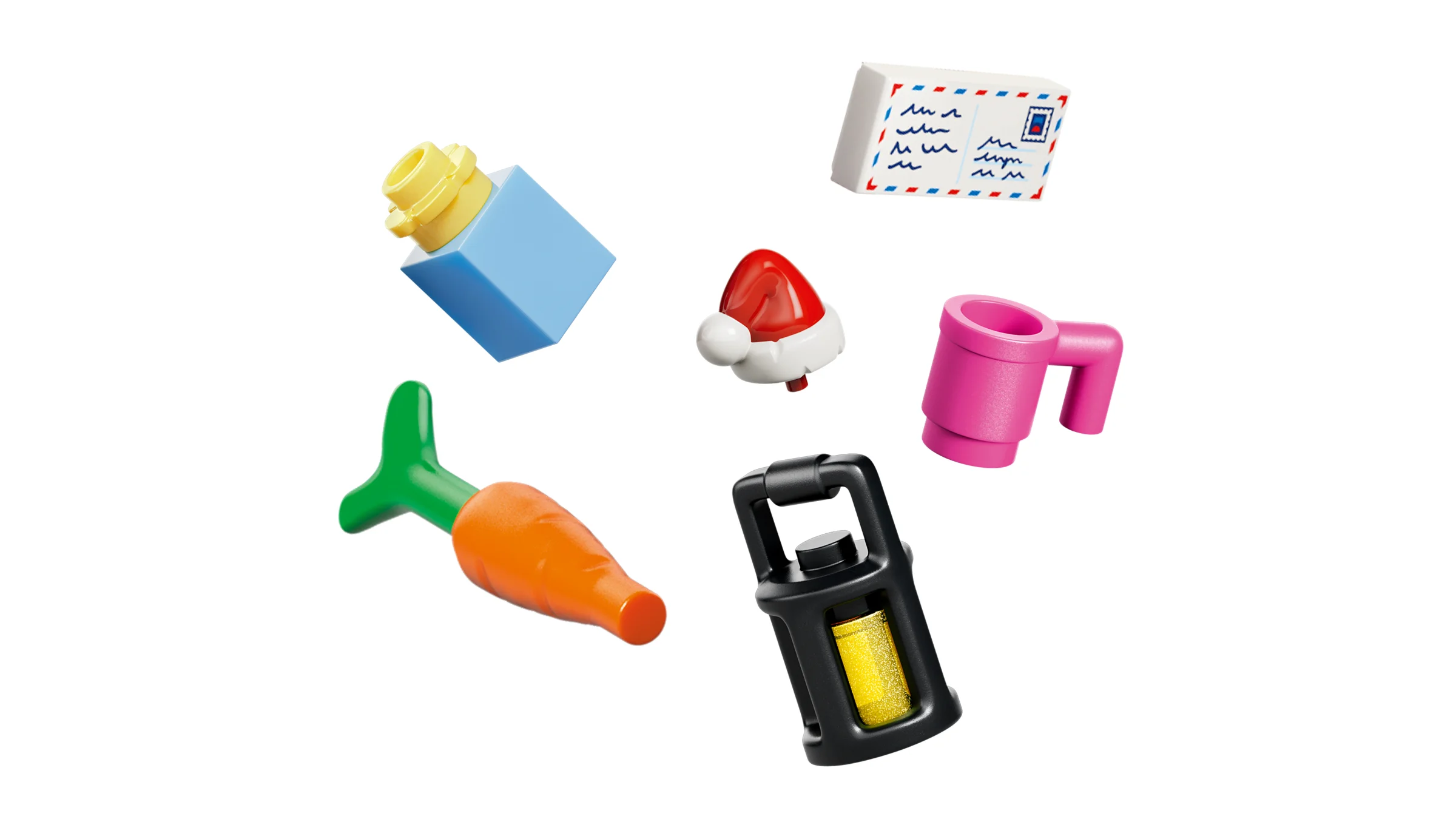 Diverse accesorii LEGO Friends, inclusiv o scrisoare, un morcov și o căciulă de Moș Crăciun.