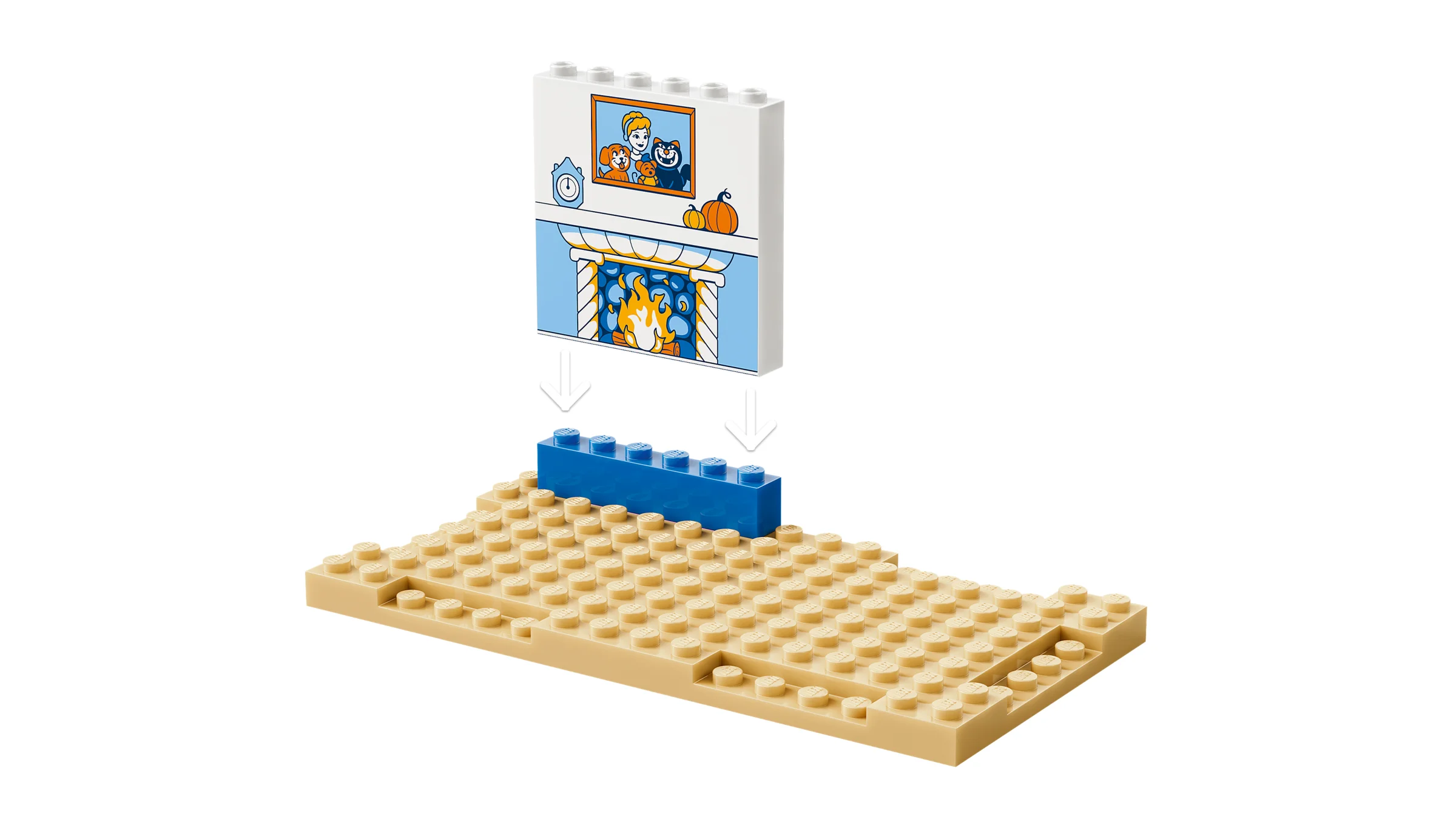 Construirea șemineului: detaliu al cărămizilor LEGO și a instrucțiunilor de asamblare. 