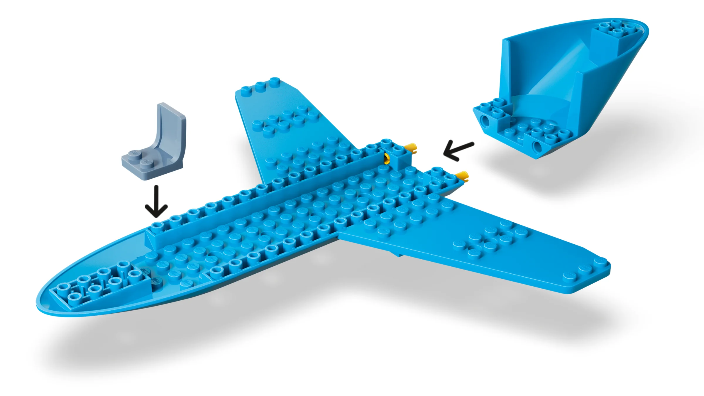 Instrucțiuni de asamblare a avionului de pasageri LEGO 60492, detalii despre atașarea pieselor.