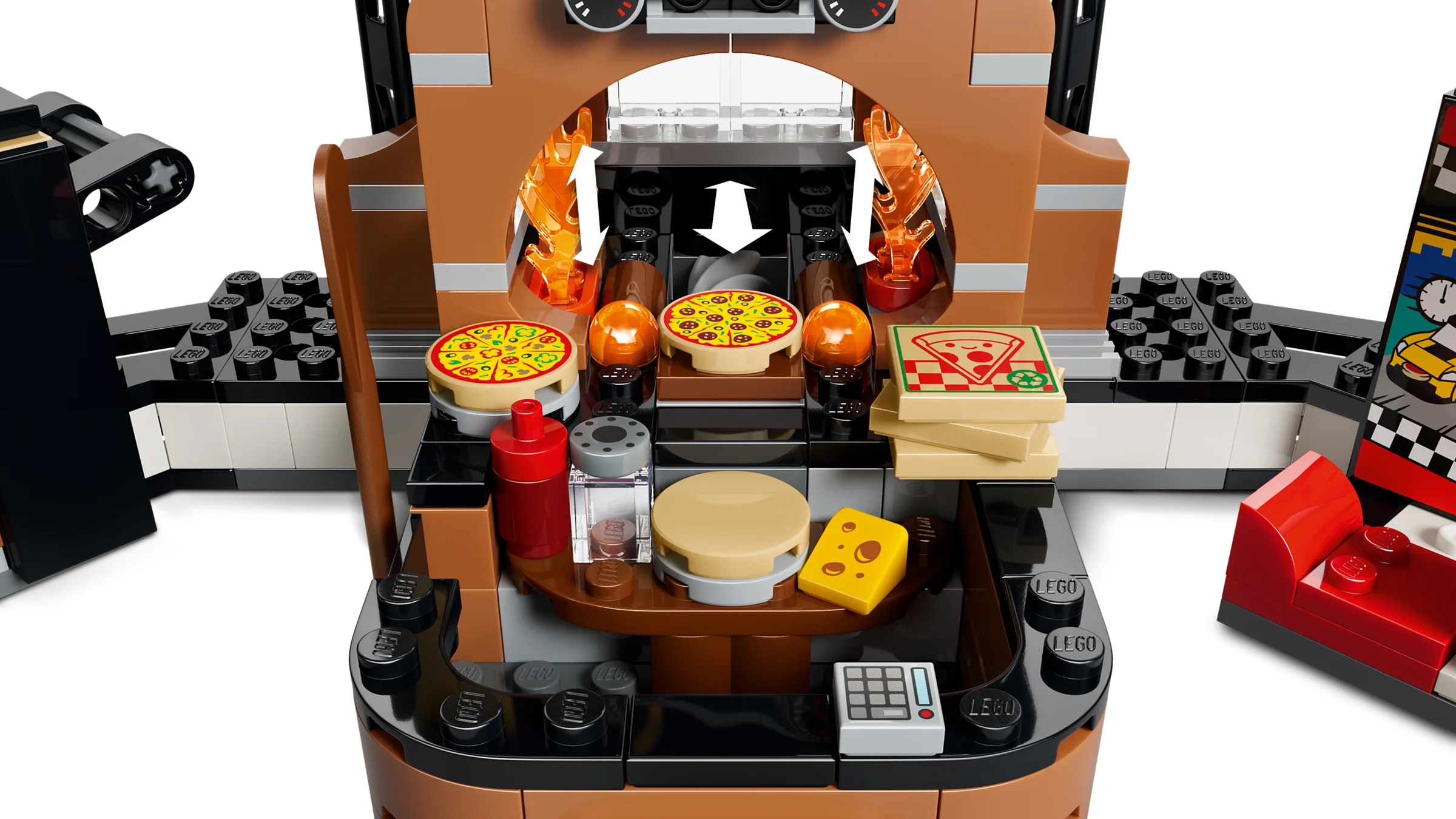 Detalii ale bucătăriei de pizza, cu cuptor, pizza, ingrediente și accesorii. Funcționalitate realistă.