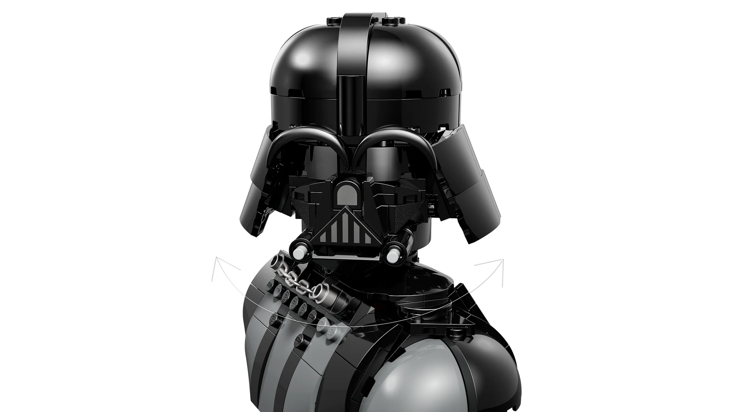 Explozie a bustului lui Darth Vader din LEGO, arătând componentele separate.