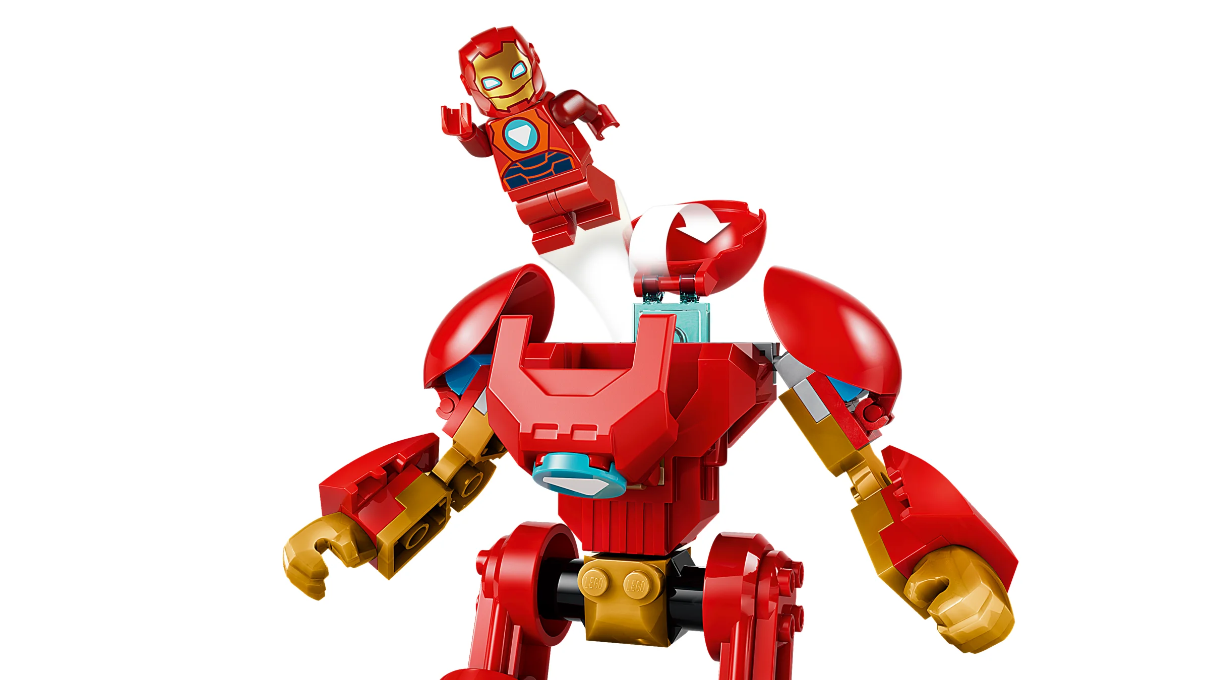 Imagine cu Iron Man ieșind din armură. Set LEGO 11209, detaliu cu minifigurina.