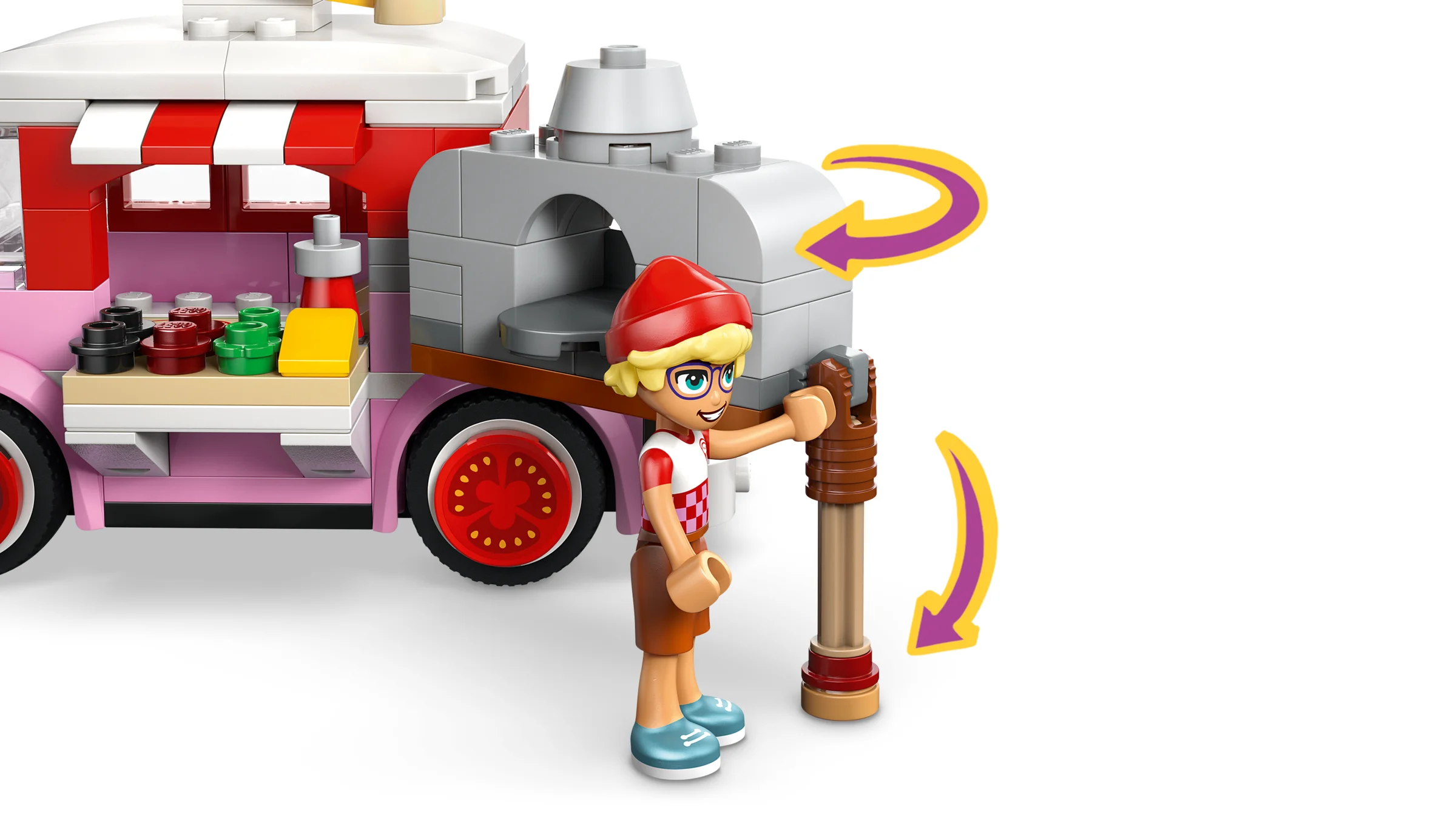 Minifigurina face pizza în cuptorul rotativ al camionului. Joacă-te cu LEGO Friends!