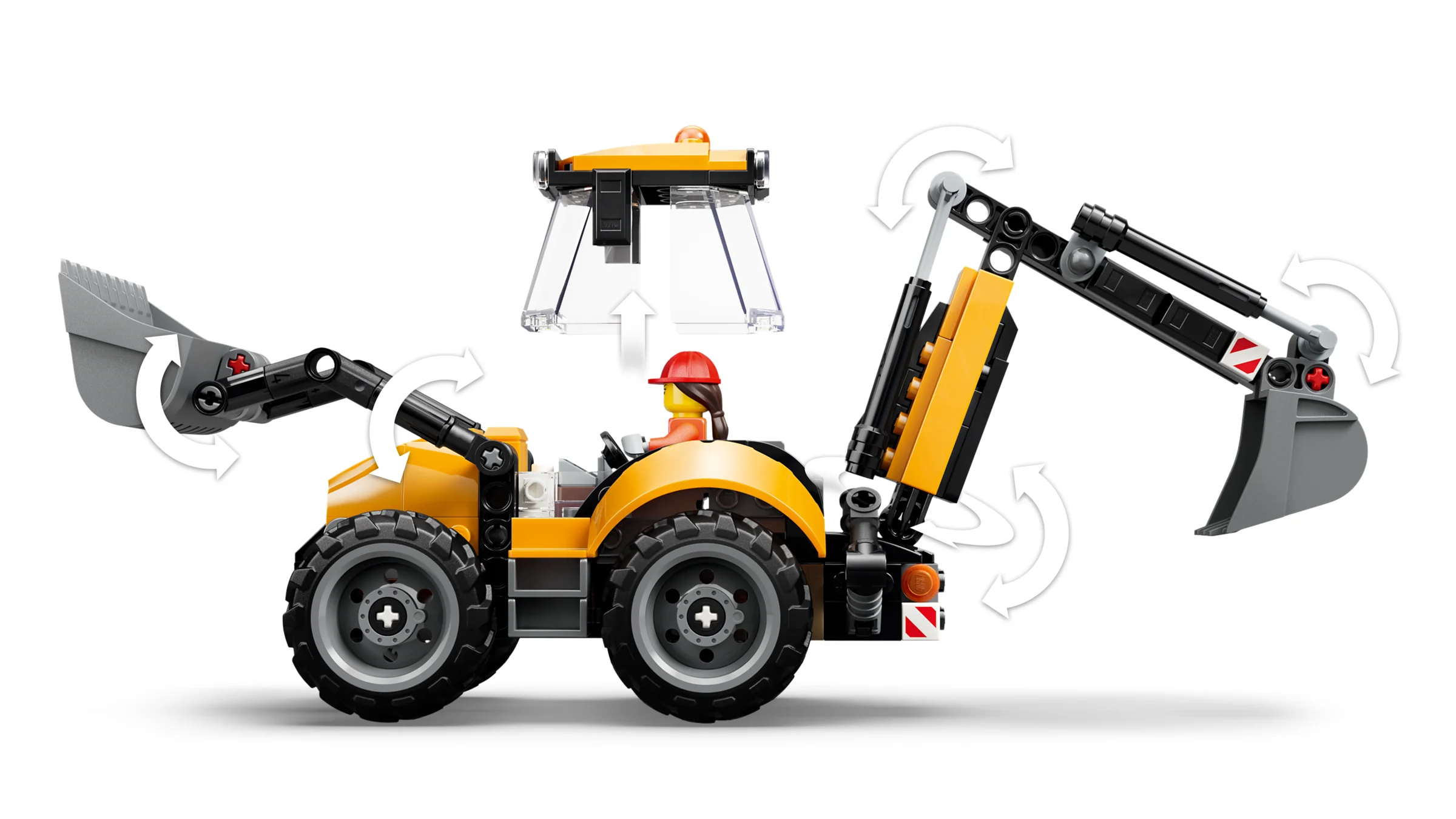 Imagine cu tractorul cu excavator LEGO City 60480, demonstrând funcțiile de mișcare și ridicare.