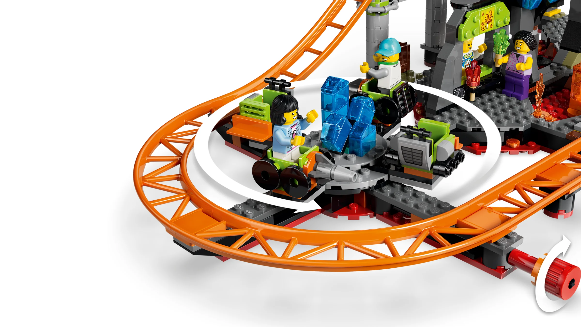 Imagine detaliată cu roller coaster-ul cu lavă și minifigurinele din setul LEGO City 60501.
