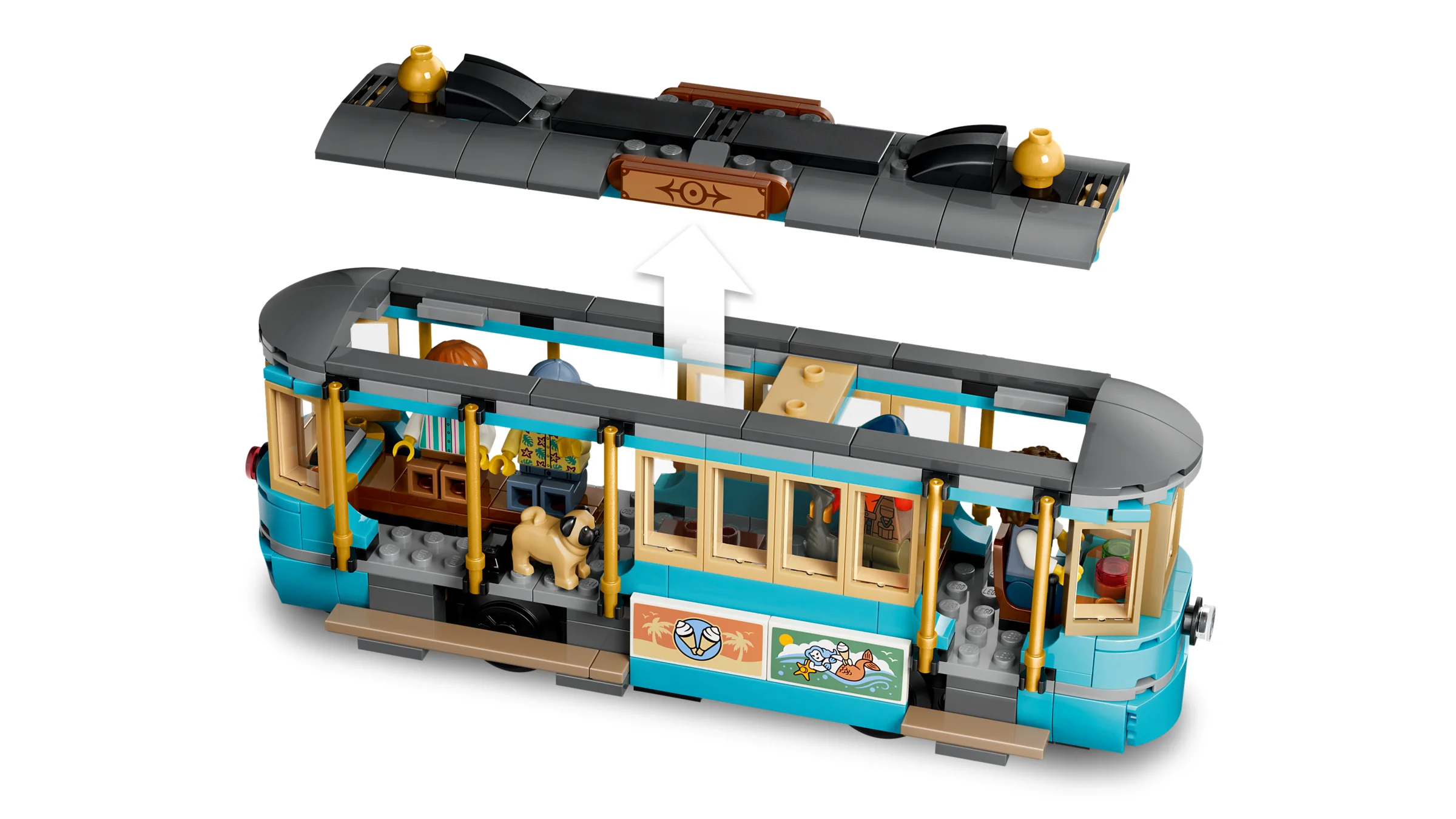 Tramvaiul de plajă cu acoperiș detașabil, interior detaliat și minifigurine pasageri.