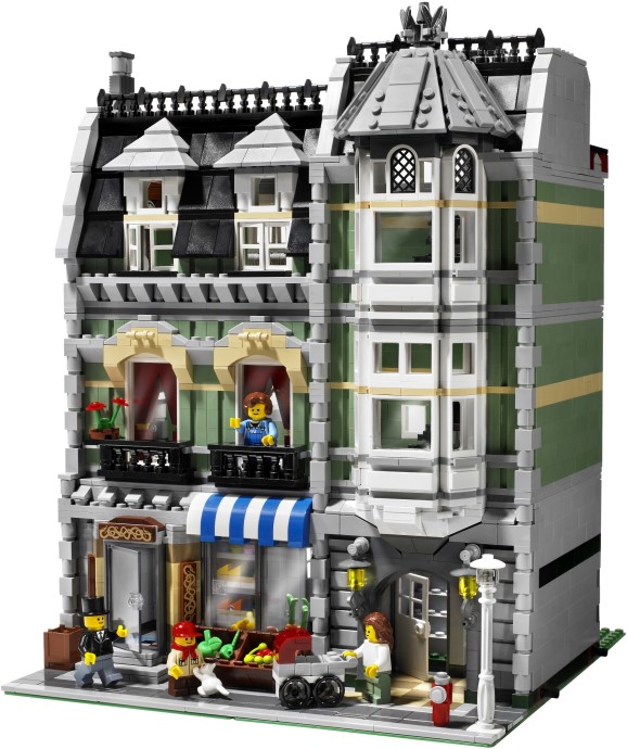 Setul LEGO 10185 Green Grocer, o clădire modulară detaliată cu trei etaje și magazin alimentar