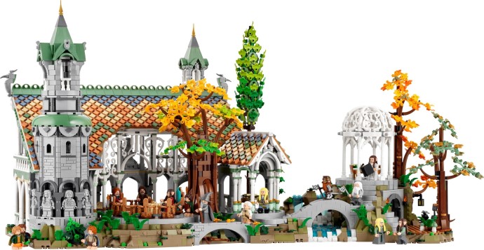 Setul LEGO 10316 Rivendell din Stăpânul Inelelor, o construcție detaliată cu arhitectură elfică și minifigurine