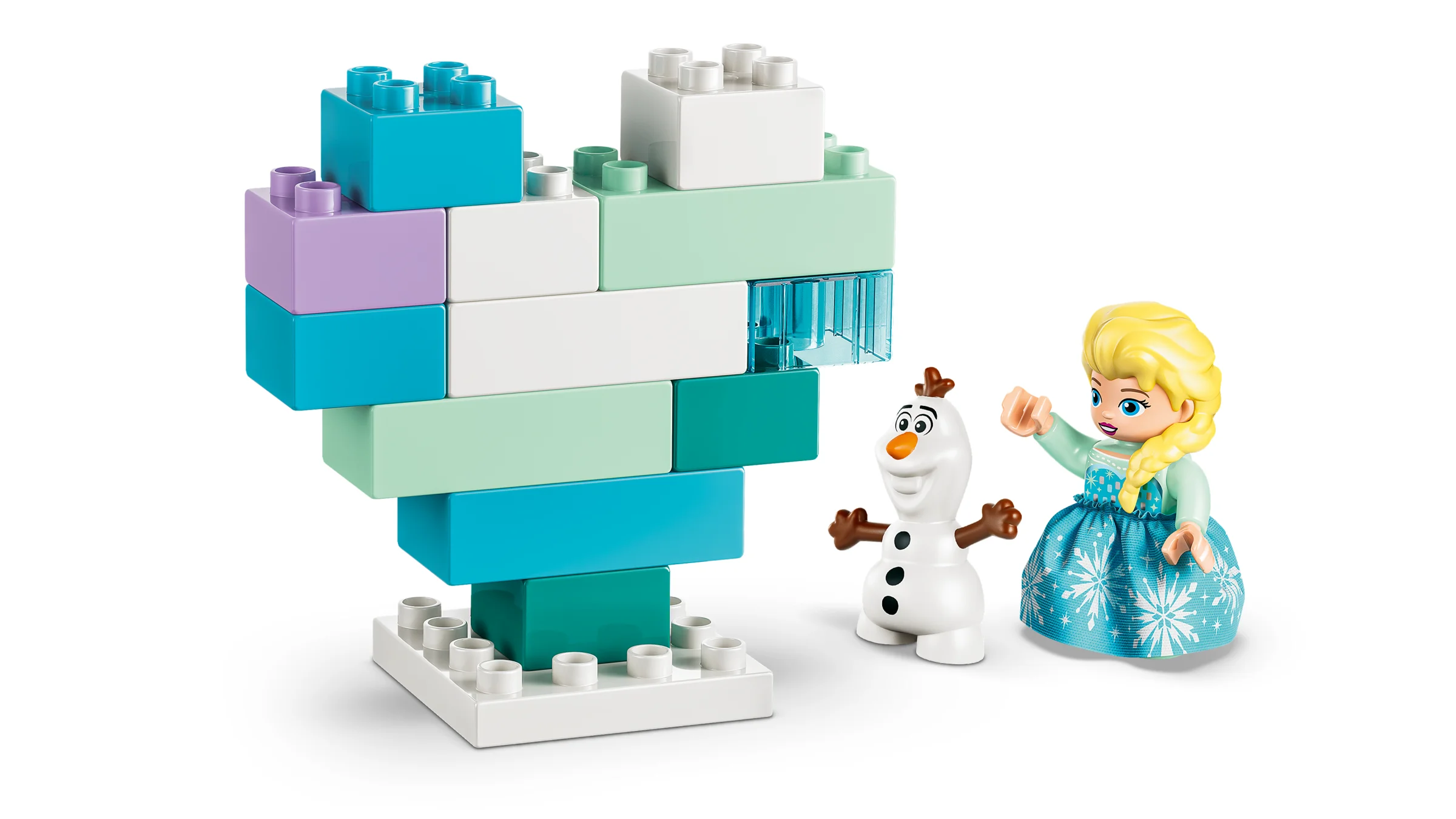 Imagine cu Elsa, Olaf și o construcție din cărămizi LEGO DUPLO, colorată în albastru, verde și alb.