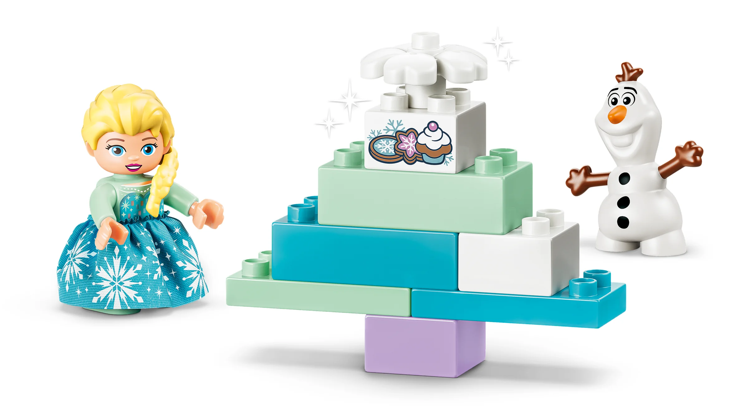 Elsa, Olaf și un turn colorat construit din cărămizi LEGO DUPLO. Distracție și creativitate pentru copii.