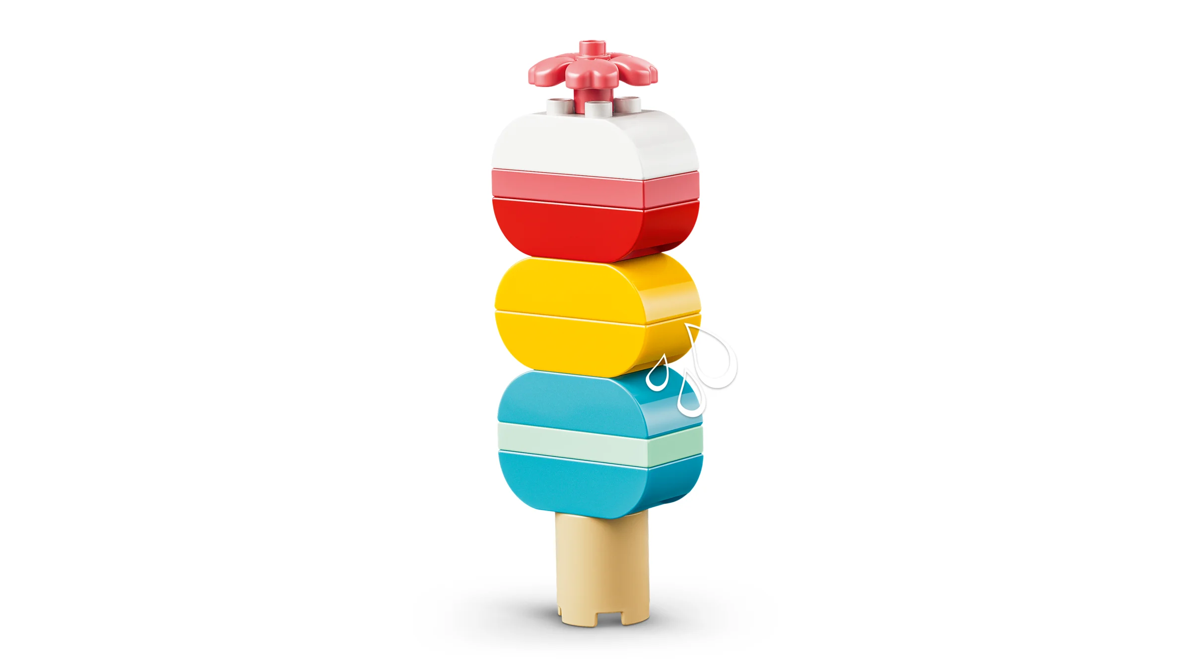 Un model colorat DUPLO, arătând o construcție înaltă, pe fundal alb.