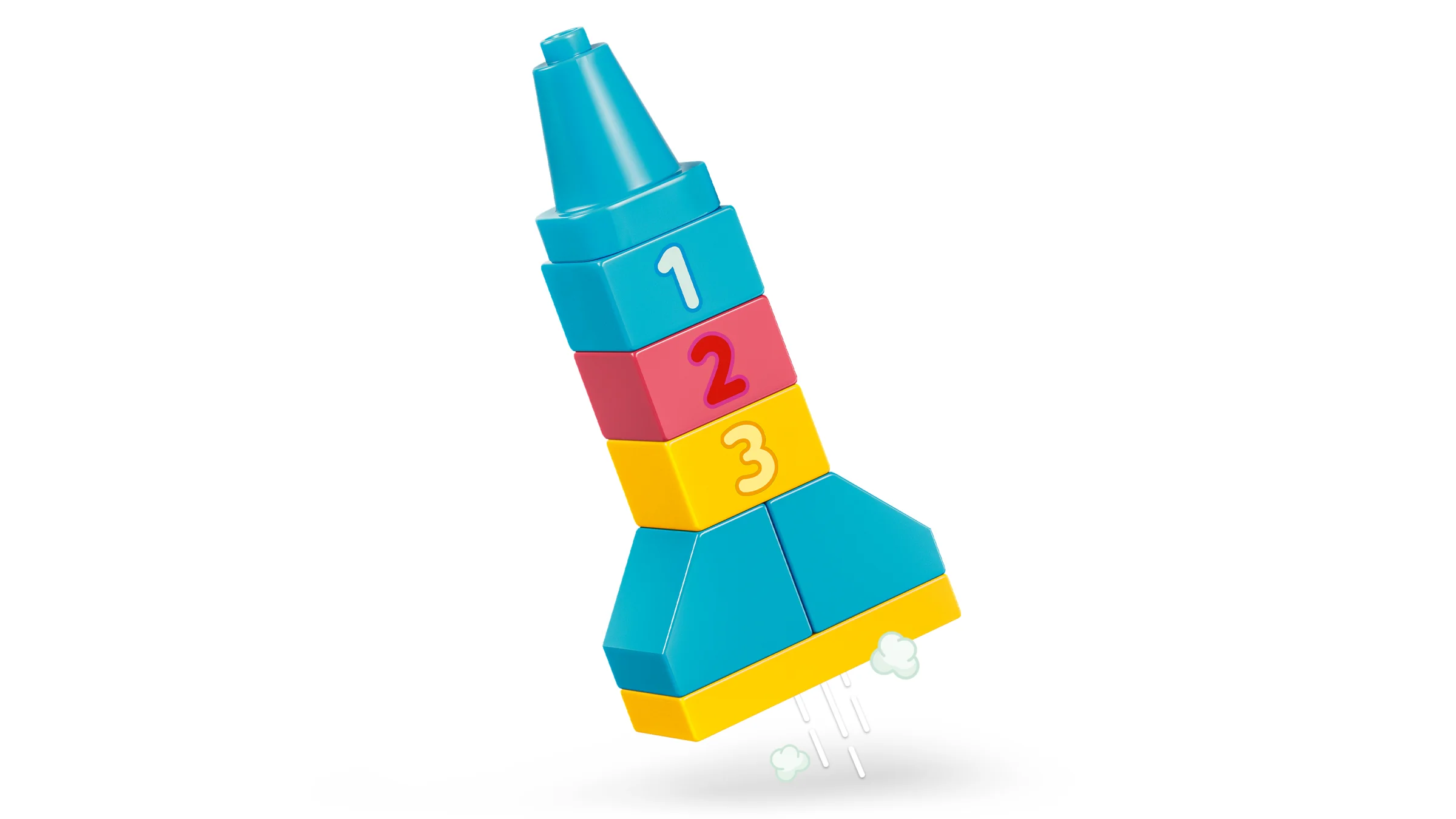 Rachetă colorată DUPLO, cu numerele 1, 2 și 3, pe fundal alb. Jucărie educativă pentru copii.