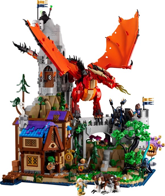 Setul LEGO Ideas 21348 Dungeons & Dragons: Povestea Dragonului Roșu cu un dragon mare