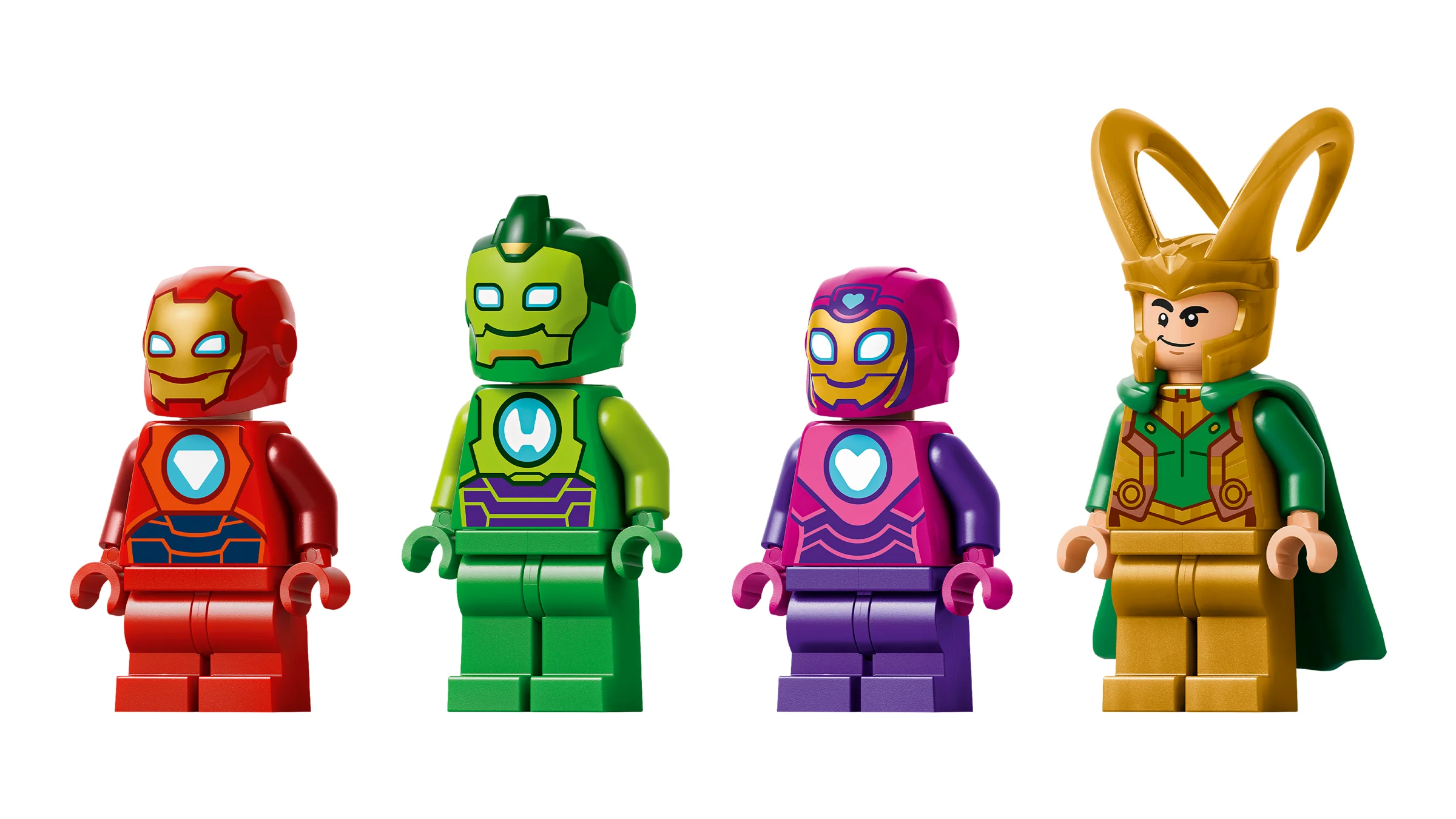 Prezentare a mini-figurilor LEGO din set: Iron Man, doi aliați și Loki. Detalii ale personajelor.